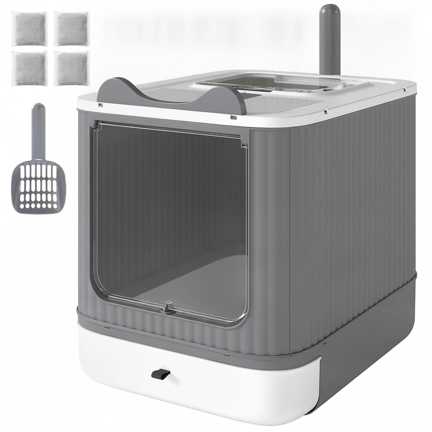 HONGGE Cat Litter Box with Lid, Enclosed Litter Box for Medium Cats, Front-Entry and Top-Exit, Scoop, Deodorizer Bag