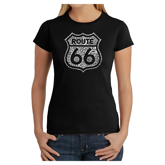 LA Pop Art Women's Word Art T-Shirt - Get Your Kicks on Route 66