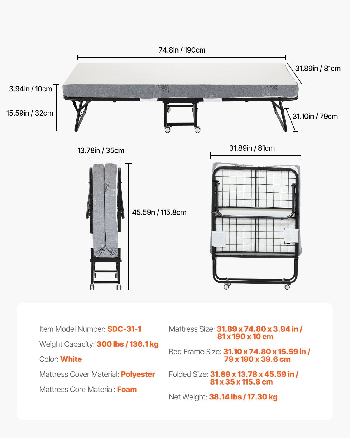 HONGGE Twin Rollaway Bed with 4 in Memory Foam Mattress, Foldable Guest Bed on Wheels, 300 lbs Capacity, 31 x 75 in