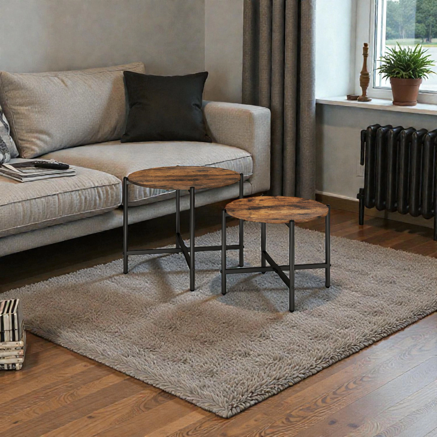 Hivvago Modern Set of 2 Round Tables with Strong Metal Frames