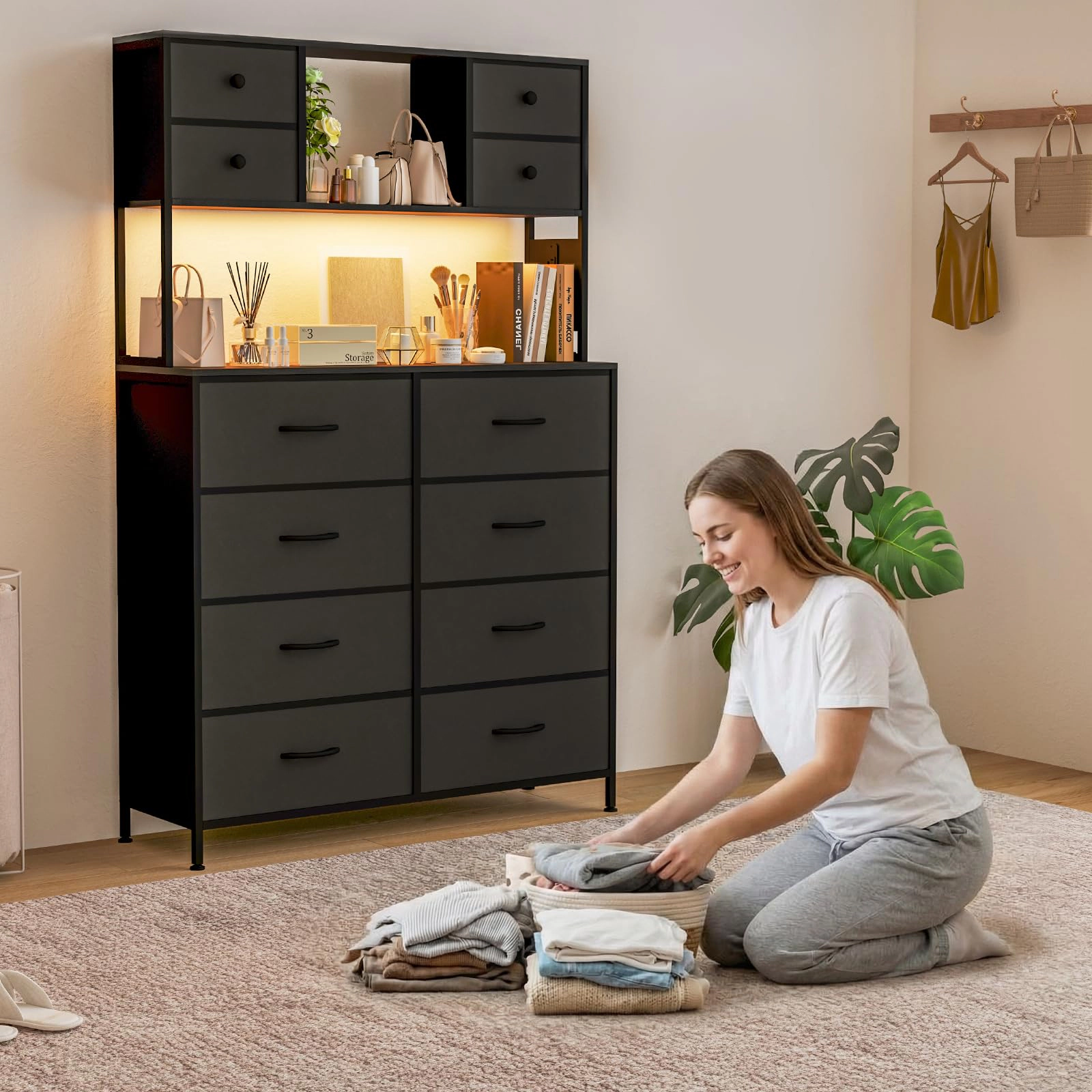 12 Drawer Fabric Dresser with LED Lights, Power Outlet & Open Shelves, Wood Top Metal Frame