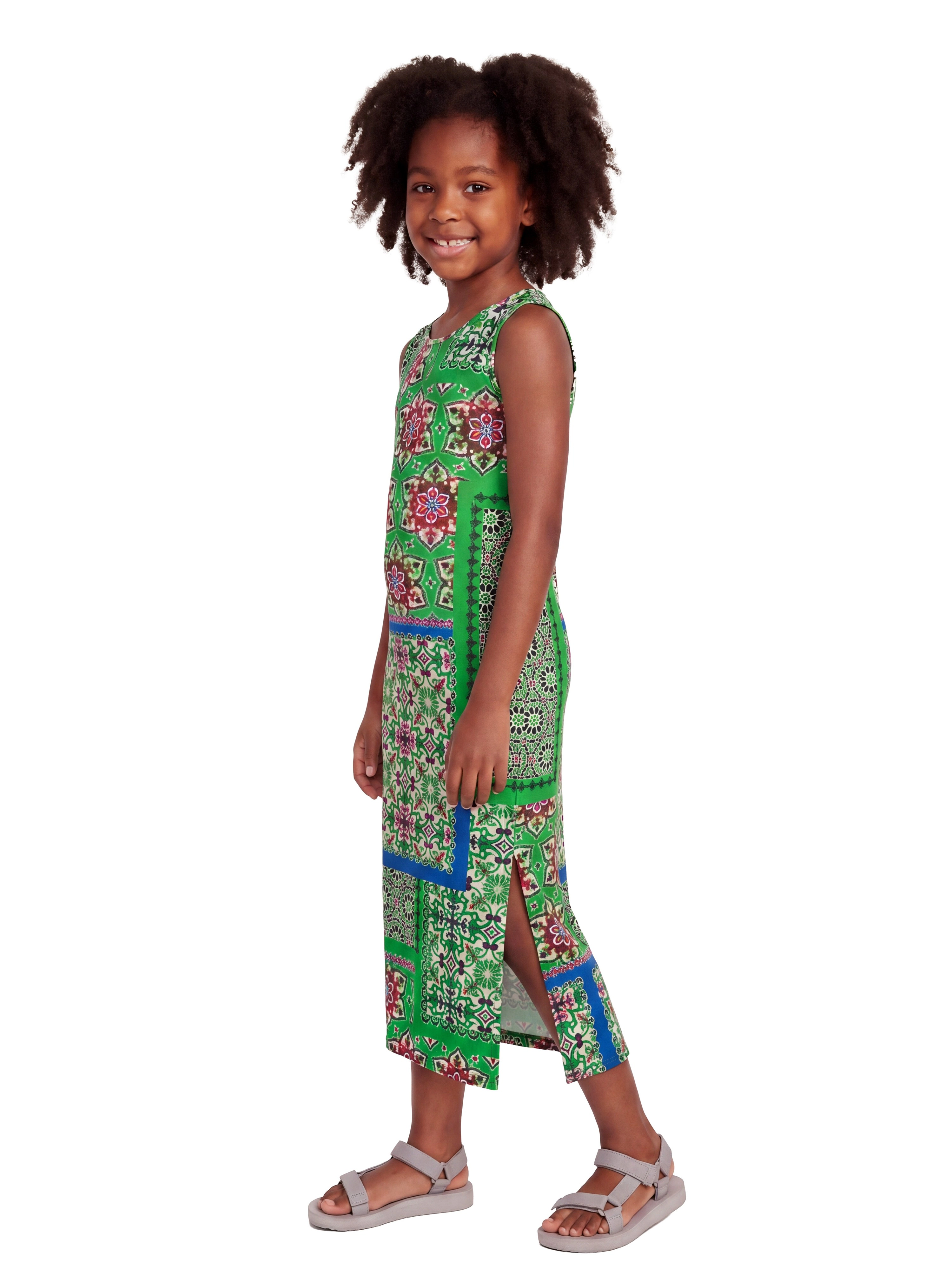 24sevenKid Essential Girls Green Scarf Print Side Slit Maxi Dress