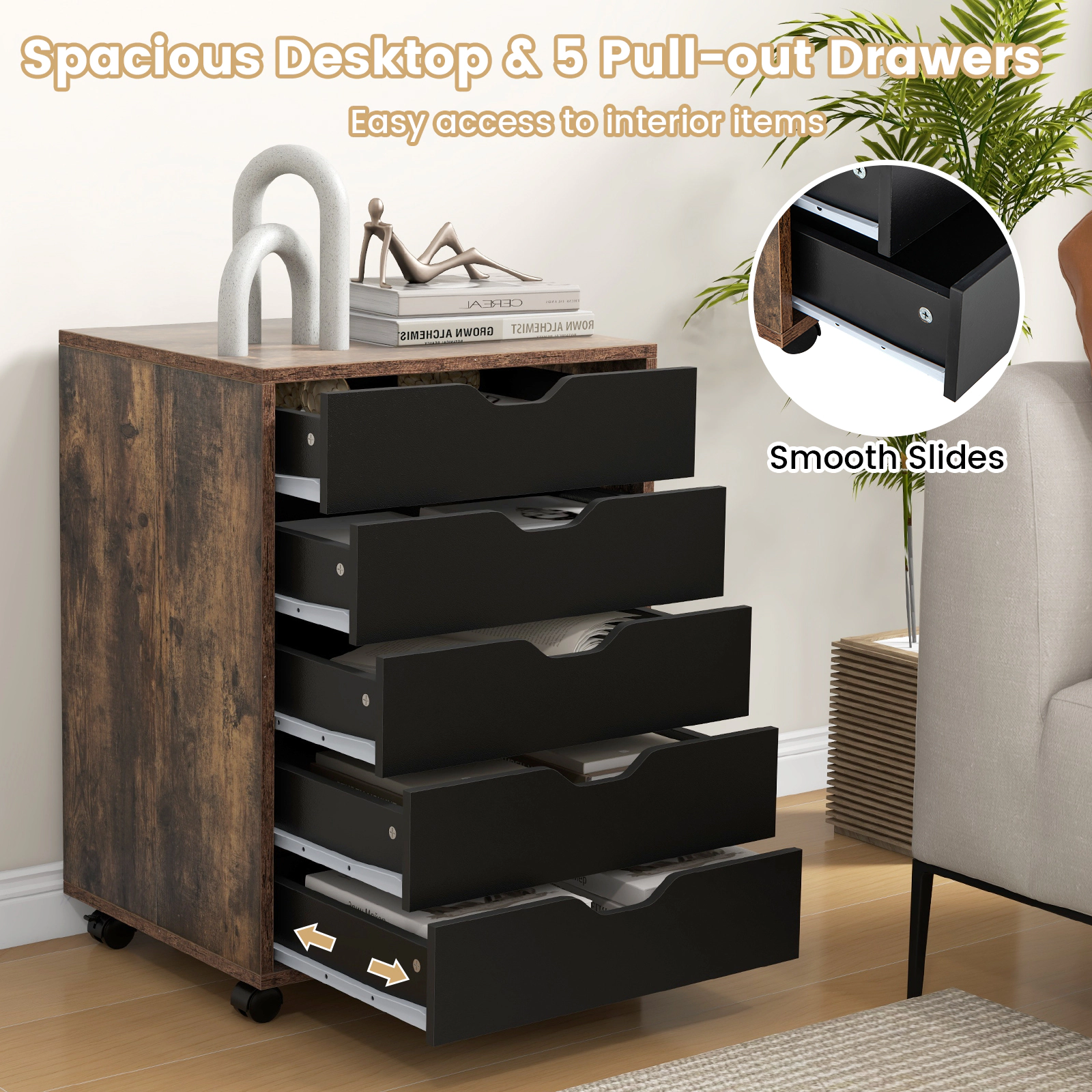 SUGIFT 25-in 5-Drawer Mobile Rolling File Cabinet Storage Cabinet with Lockable Casters for Home Office