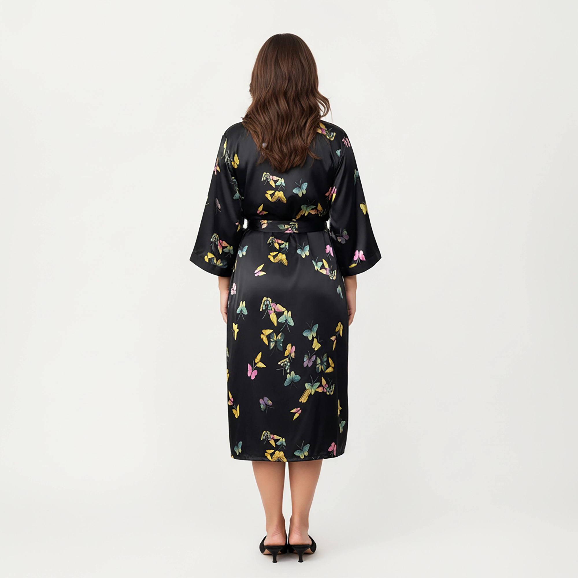 Anna-Kaci Women's Plus Butterfly Print Satin Robe with Wrap Front Design Wide Sleeves and Adjustable Tie Waist Belt