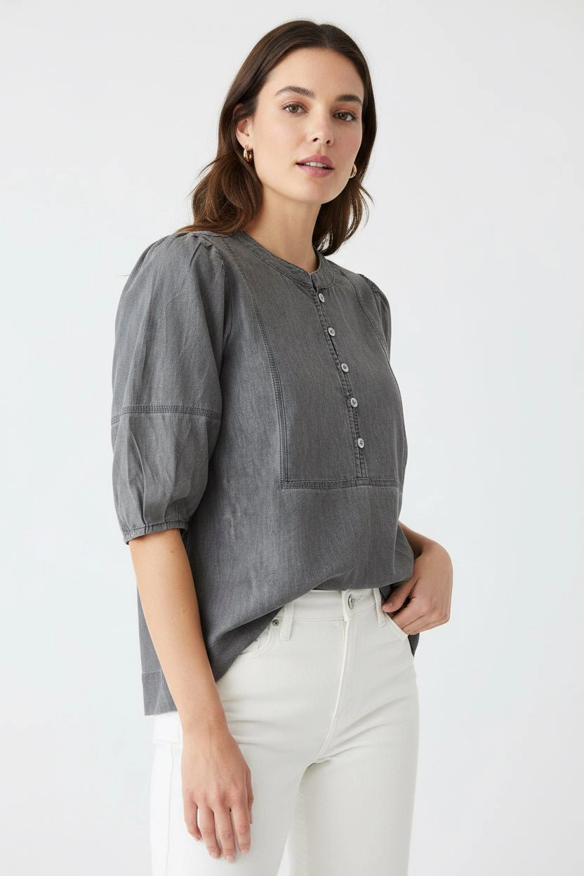 DressAtR Women's Gray Denim Puff Sleeve Pleated Yoke Front Button Blouse