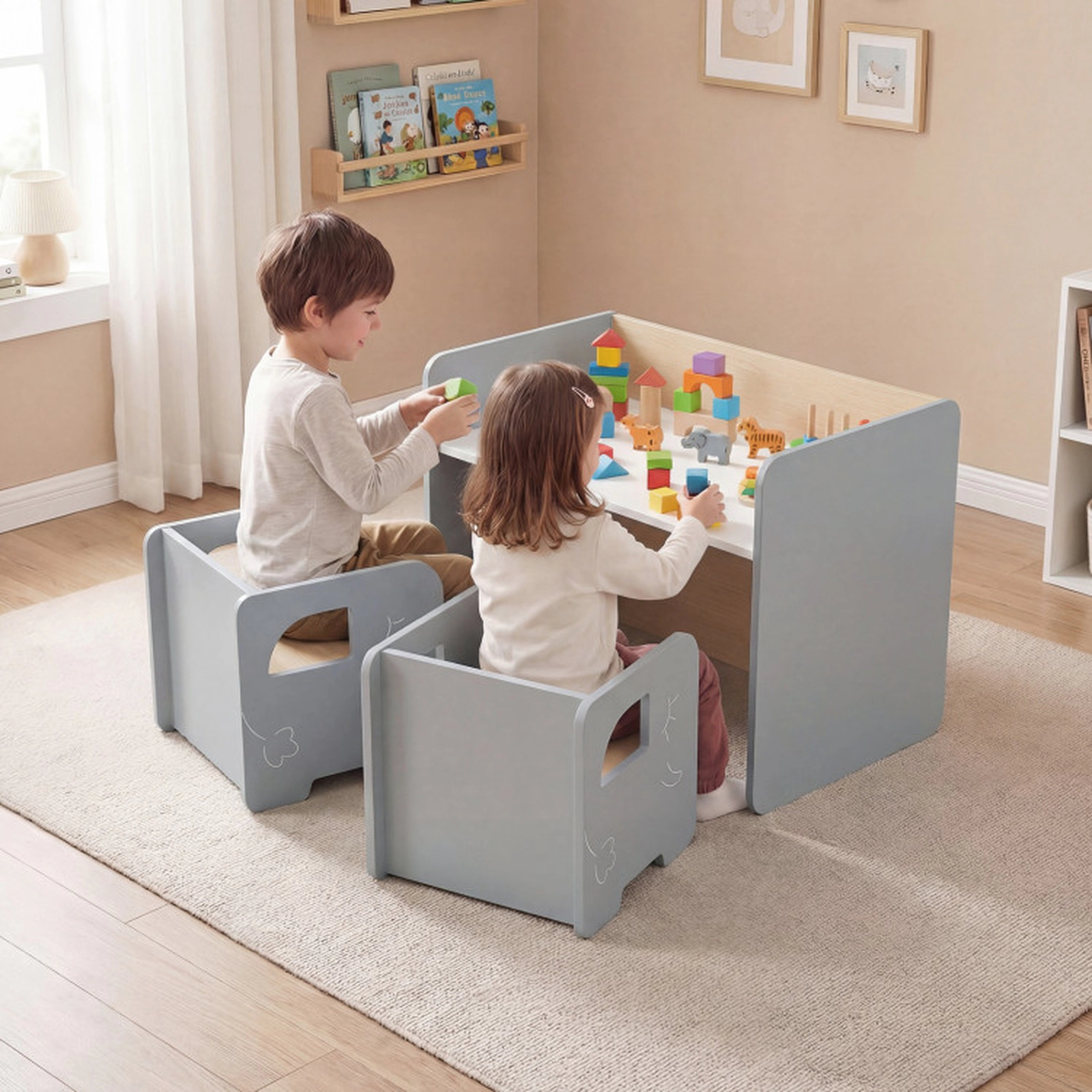 SUGIFT 3 Pieces Kids Table and Chair Set with Chalkboard Top 66-lb Tabletop 110-lb Chairs Ages 3+ White/Gray