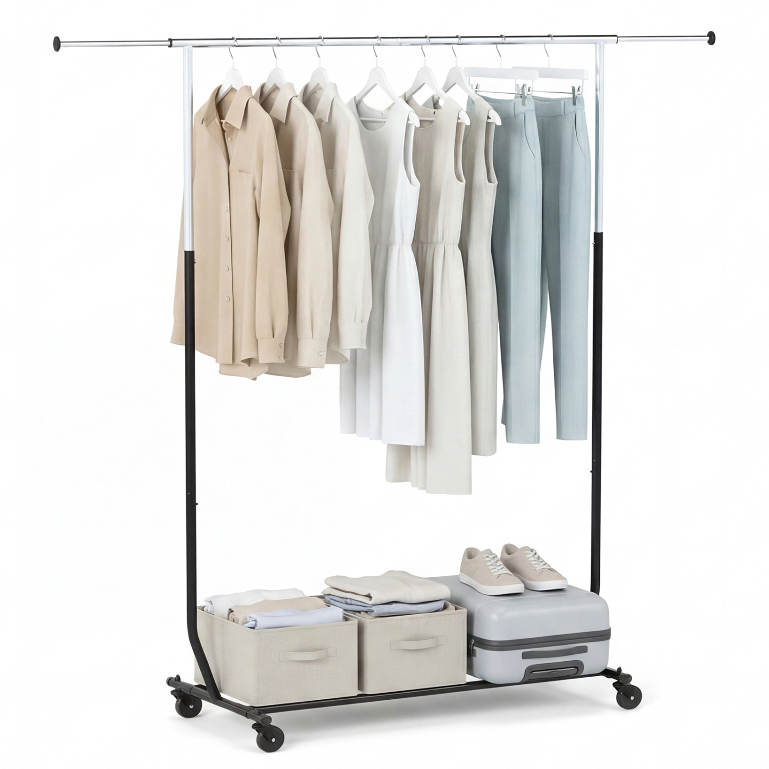 SUGIFT Rolling Clothes Rack Extendable Garment Stand with 90-lb Main Rod Capacity Black + Silver