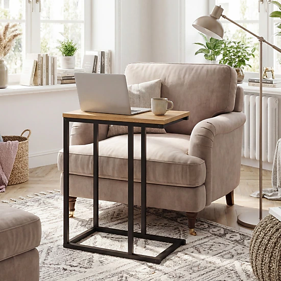 SUGIFT 18-In C-Shaped End Table, Natural Wood Top, Metal Base