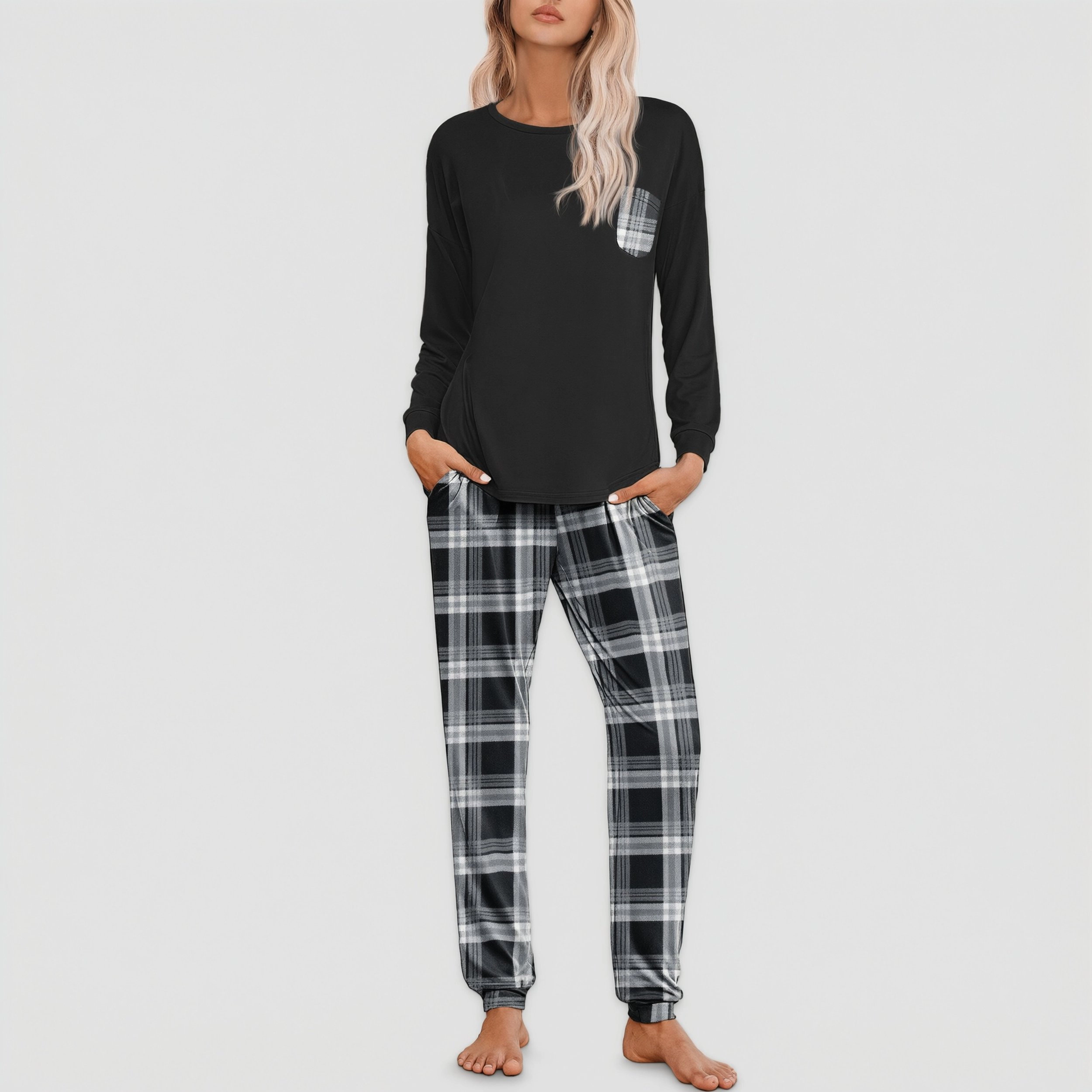 Ekouaer Womens Pajamas Set Jogger Lounge Sets Soft Long Sleeve Plaid Pant with Pockets