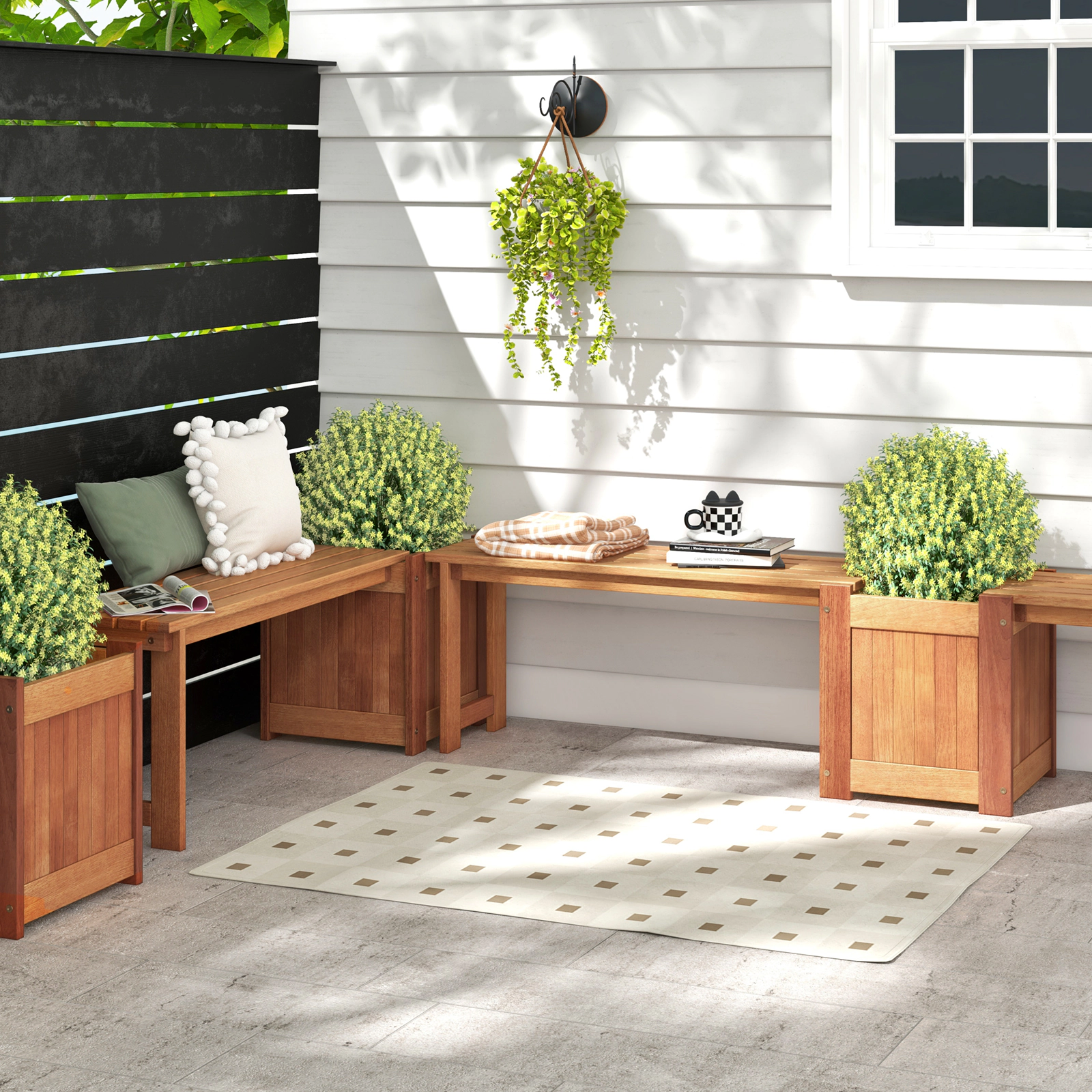 LJG Teak Oil Finish Raised Garden Bed Wood Planter Box with Bench