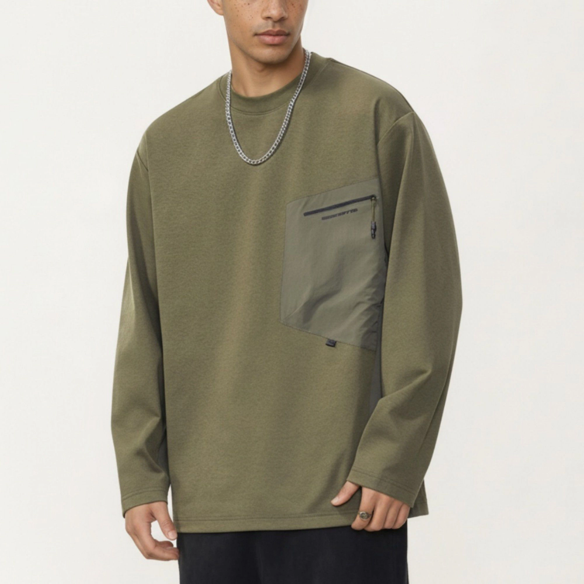 Anna-Kaci Men's Long Sleeve Crewneck Top with Utility Chest Pocket and Relaxed Fit
