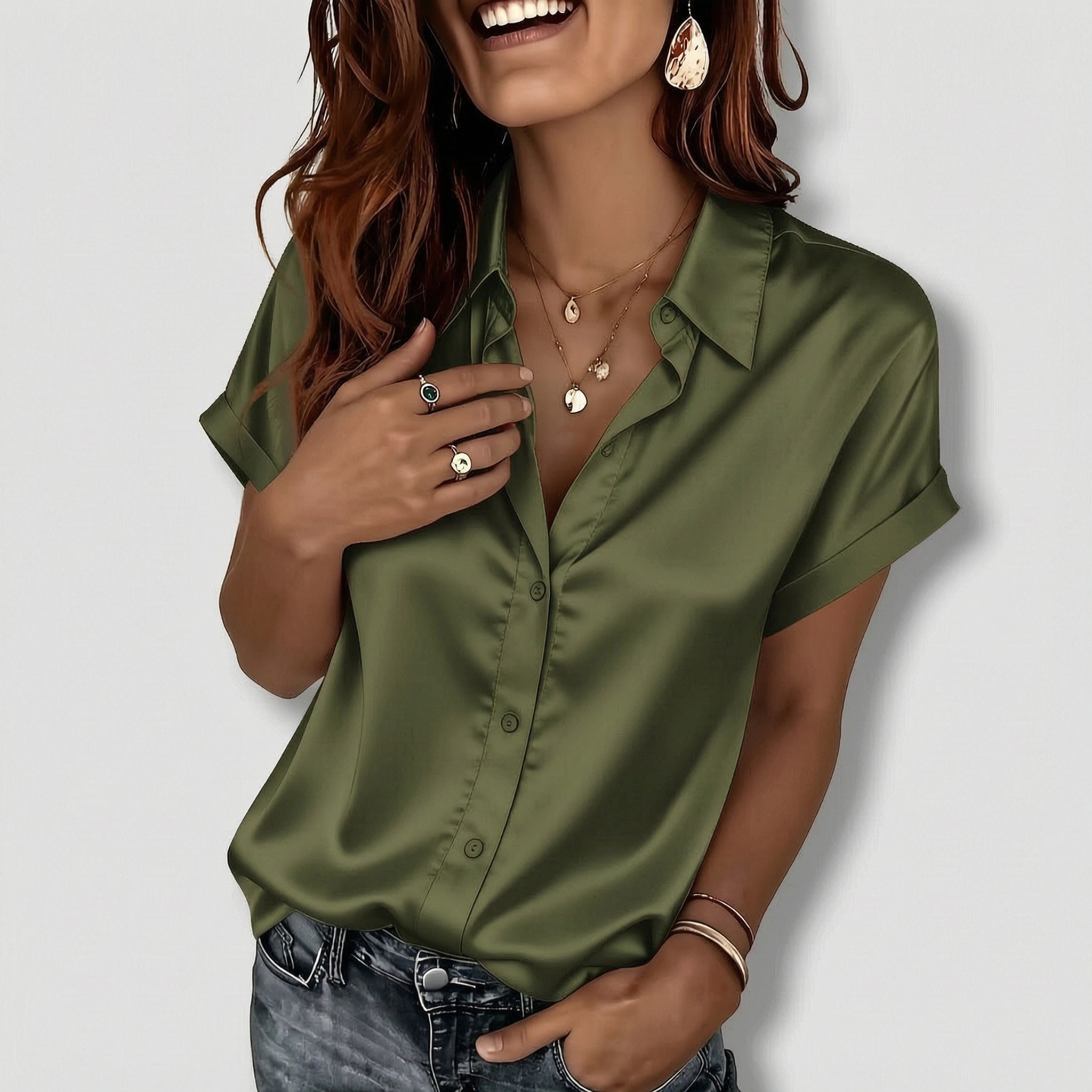 Zeagoo Silk Blouse for Women Short Sleeve Satin Button Up Shirts V Neck Tunic Tshirts