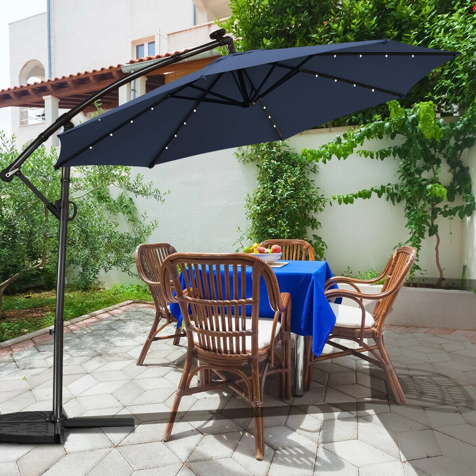 SUGIFT 10-ft 360° Rotation Solar Powered LED Patio Offset Umbrella with 32 Lights and Cross Base Navy Blue