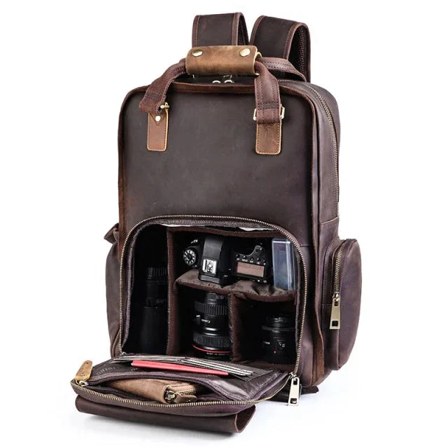 Steel Horse Leather Unisex The Gaetano | Large Leather Backpack Camera Bag with Tripod Holder