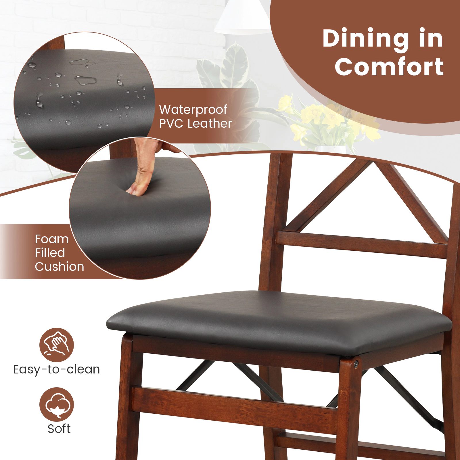 SUGIFT Set of 2 Folding Dining Chairs, Brown PU Leather Seat, Solid Wood Frame