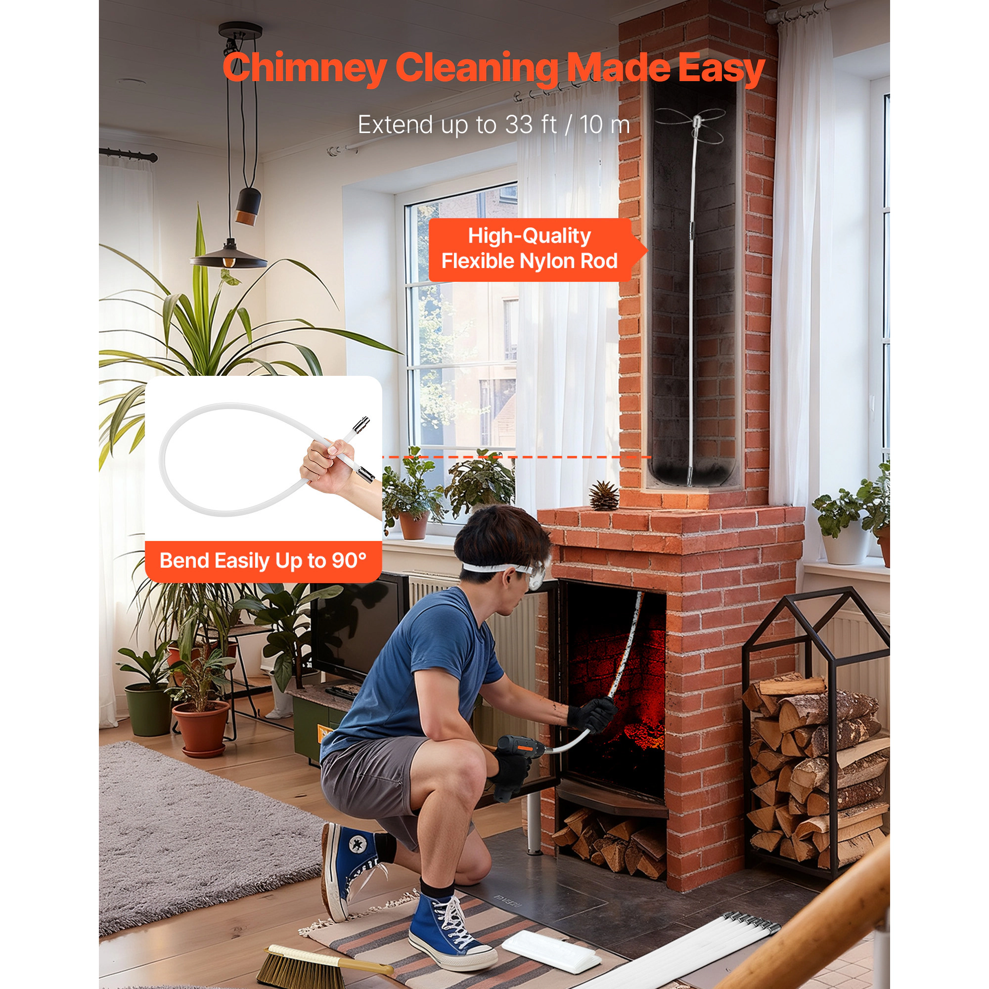 HONGGE Chimney Sweep Kit Maximum Extendable Length Brush Cleaner Sweeper with Dual Heads &