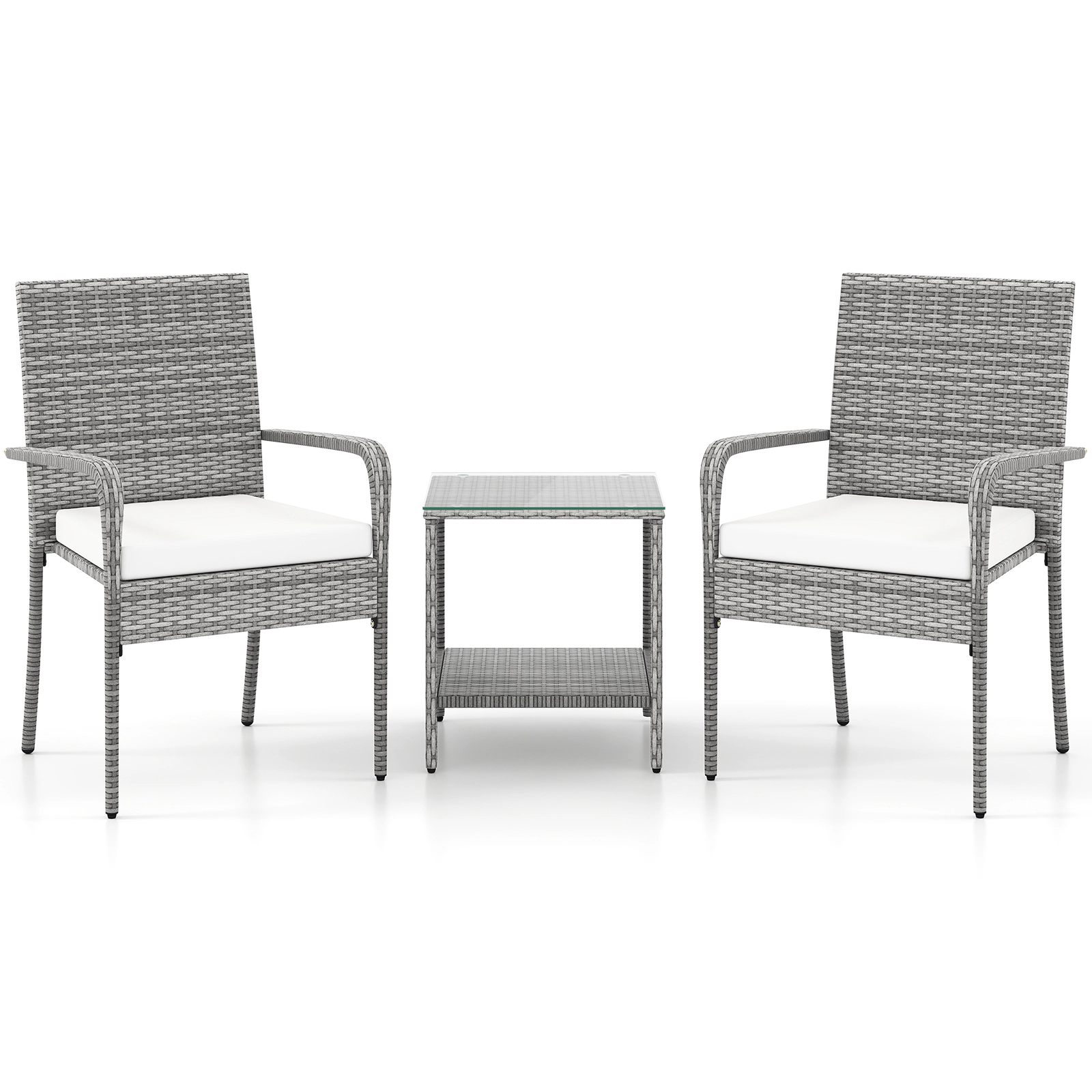 SUGIFT 3-Piece Gray Rattan Bistro Set with 2 Armchairs and 2-Tier Glass Table