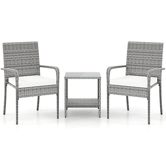 LJG 3 Piece Patio Furniture Set with Seat Cushions and Tempered Glass Tabletop for Balcony