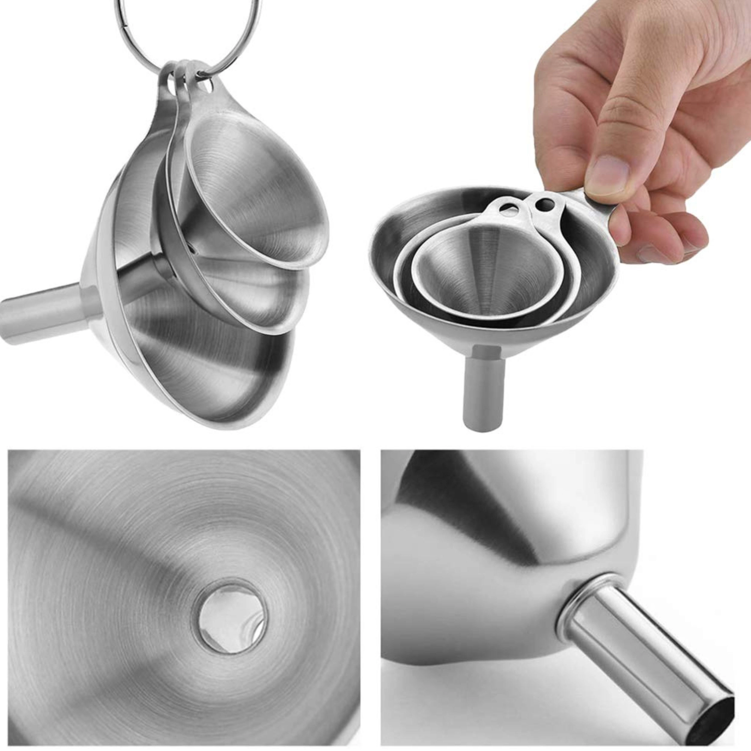 Stock Preferred Pack of 3 Stainless Steel Funnel Set Food Grade Kitchen Funnels for Bottles
