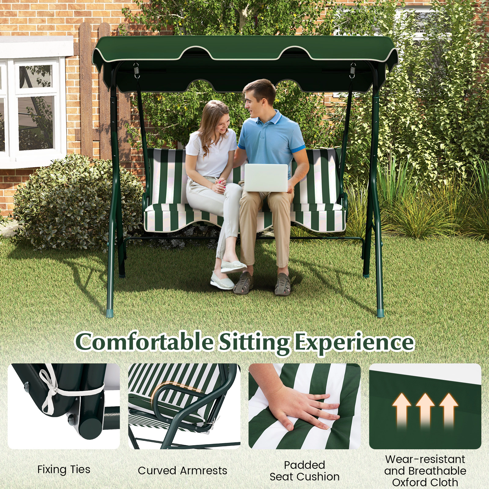 SUGIFT 3-Seat Outdoor Patio Canopy Swing with Cushioned Steel Frame 500-lb Capacity Green