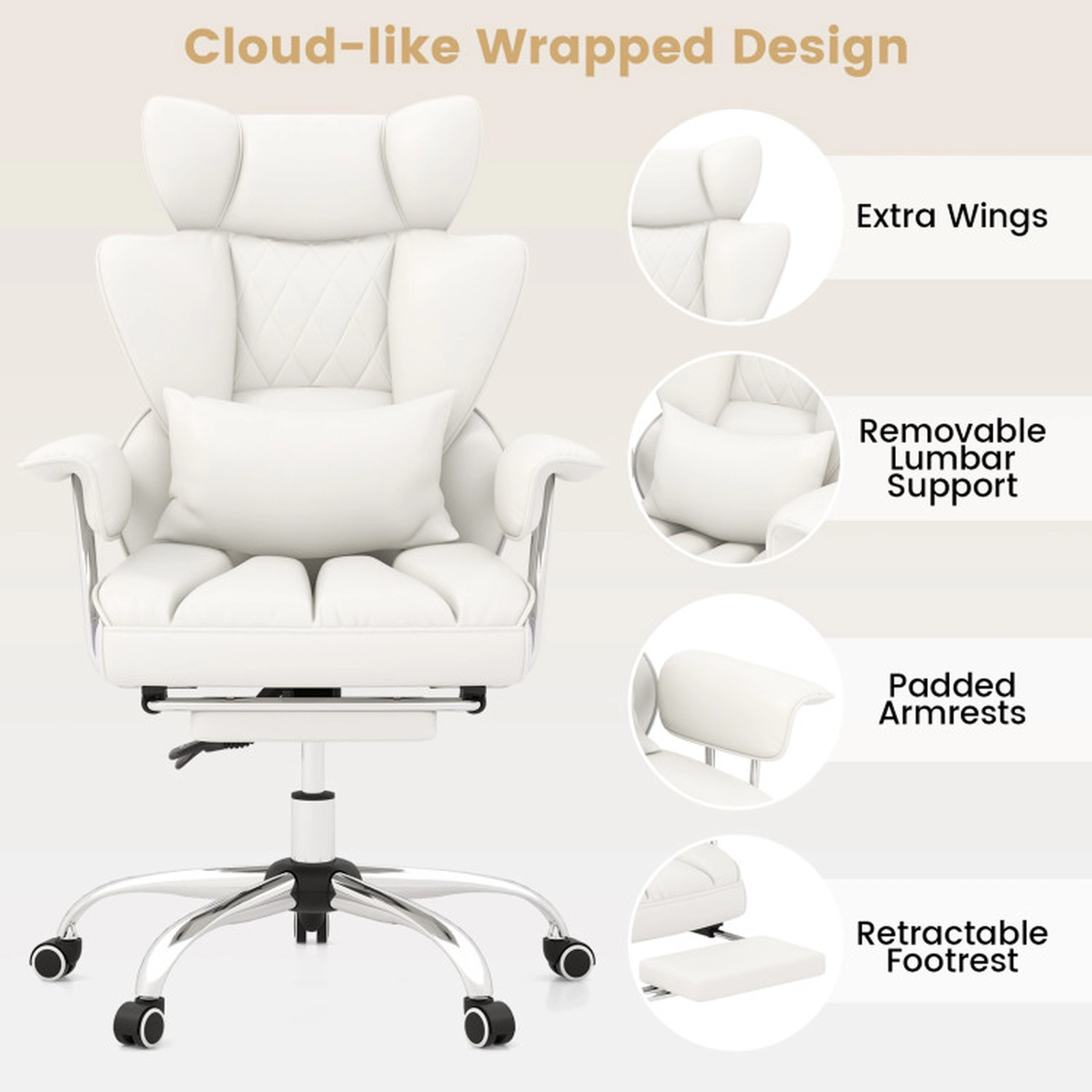 SUGIFT High Back Retractable Footrest PU Leather Executive Office Chair 29-in x 27.5-in x 45-in 400-lb Capacity White