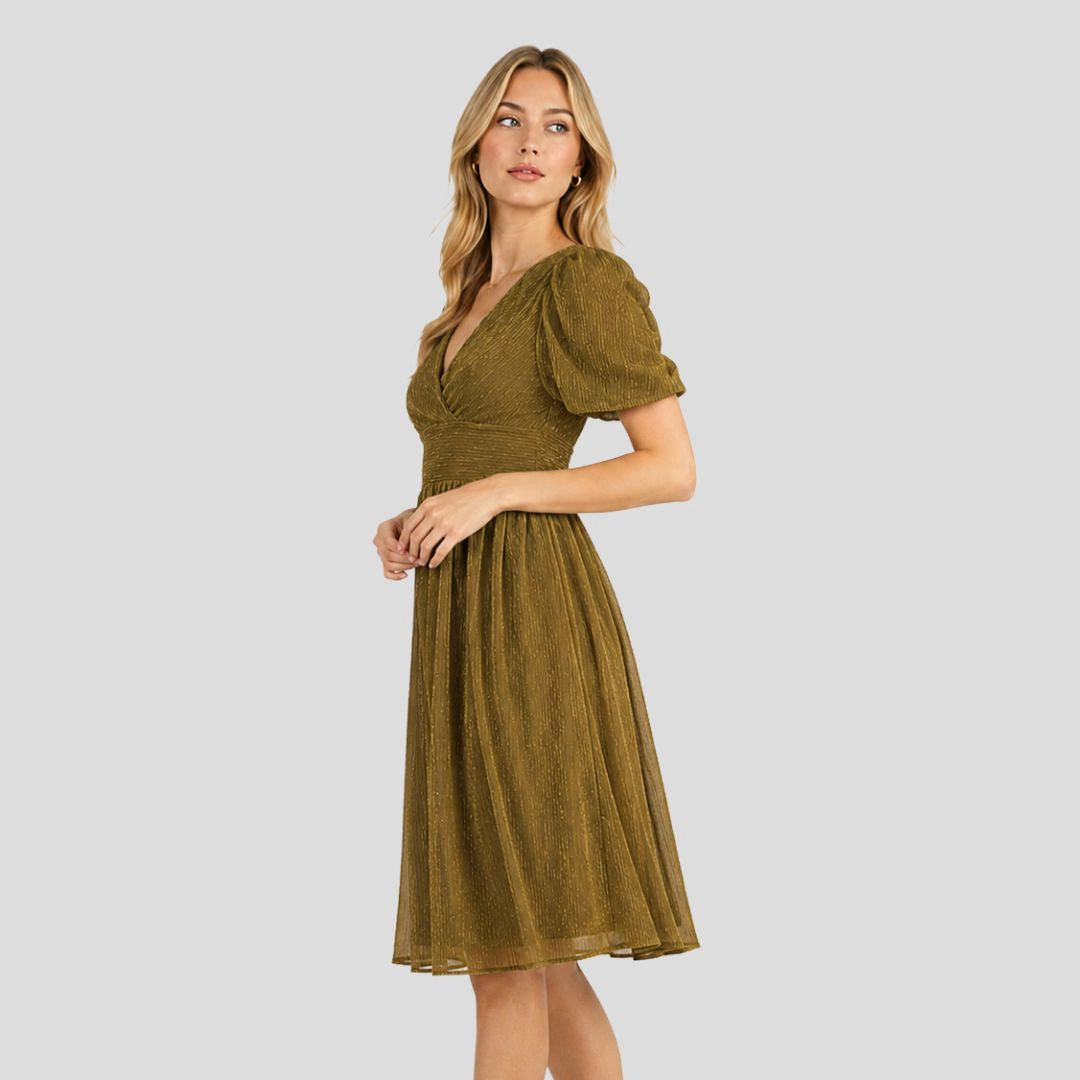 Artyska Women’s Shimmer V-Neck Puff Sleeve Midi Dress