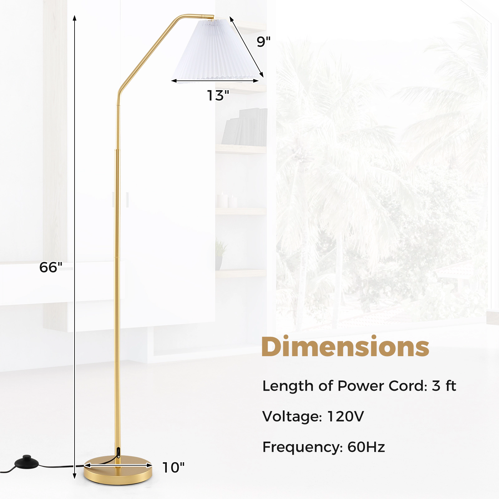 Slickblue Adjustable Arc Floor Lamp 66in Gold Metal Fabric Shade E26 Base Living Room Light