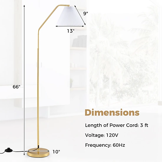 SUGIFT 350-Degree Adjustable Head Pleated Fabric Arc Floor Lamp 66-in Tall 13-in x 9-in Shade 10-in Base Gold