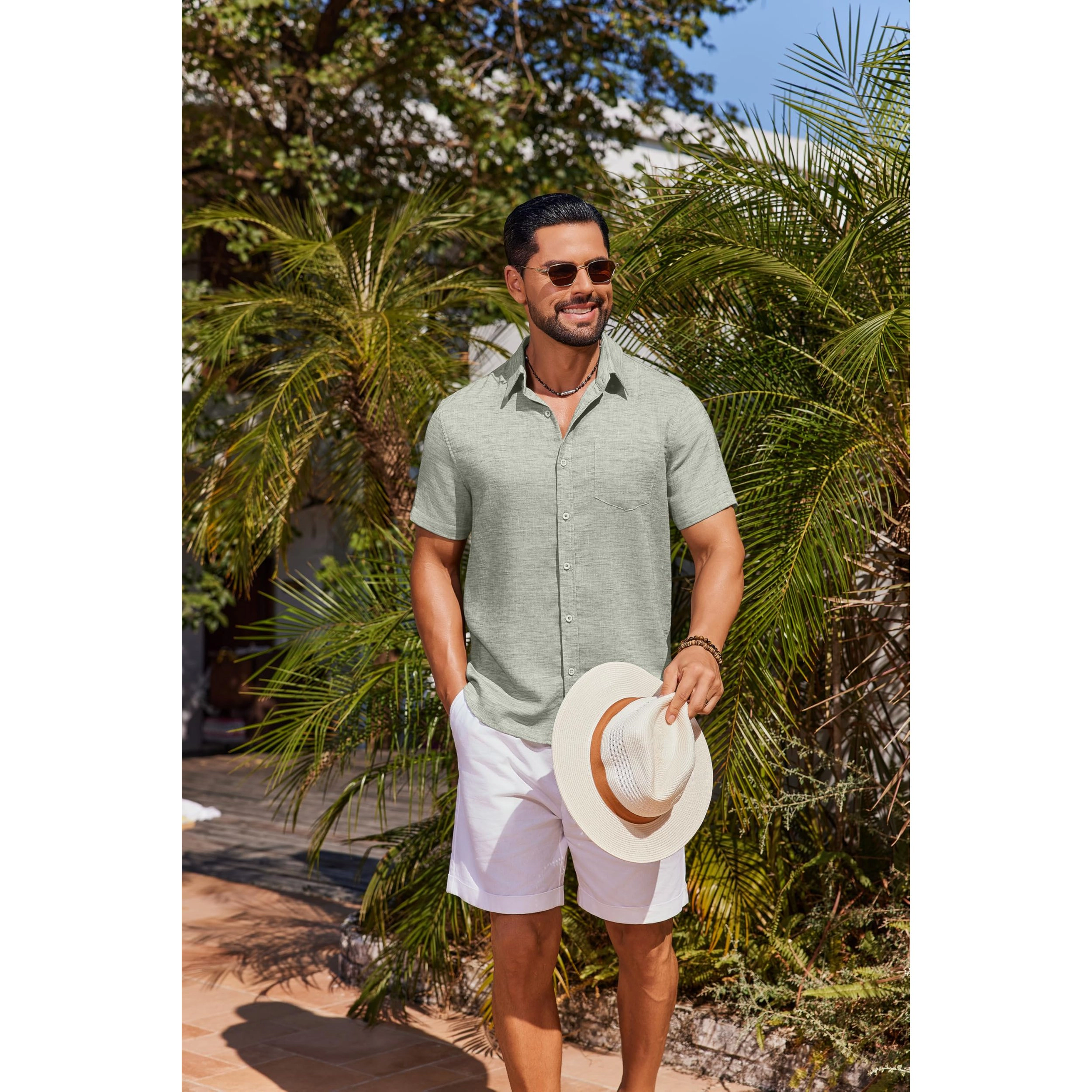 COOFANDY Men's Regular Fit Lightweight Linen Blend Short Sleeve Button Down Camp Shirt