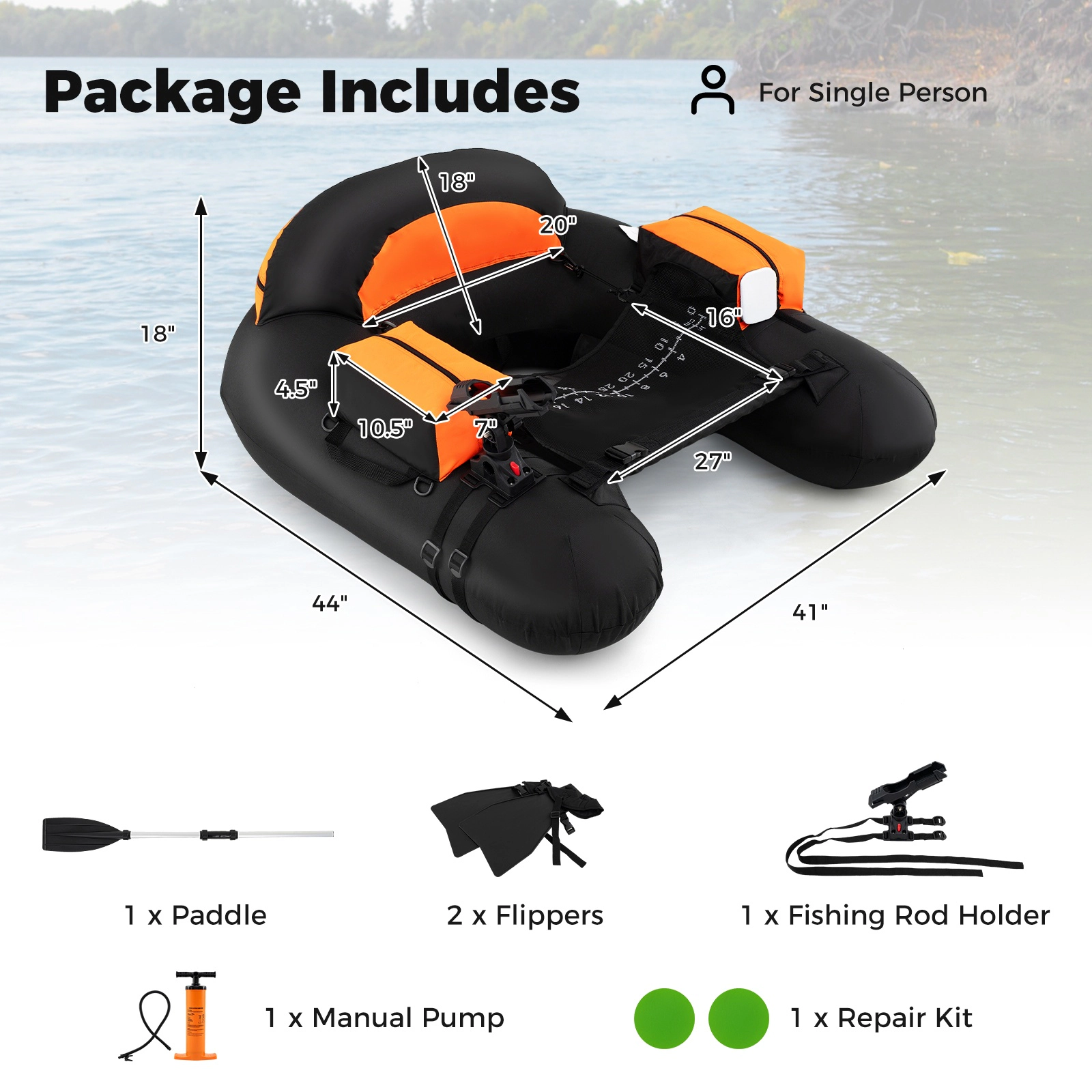 SUGIFT Inflatable Float Tube with Fishing Rod Holder and Fish Hook Stator Water Toy 330-lb Capacity Green/Orange