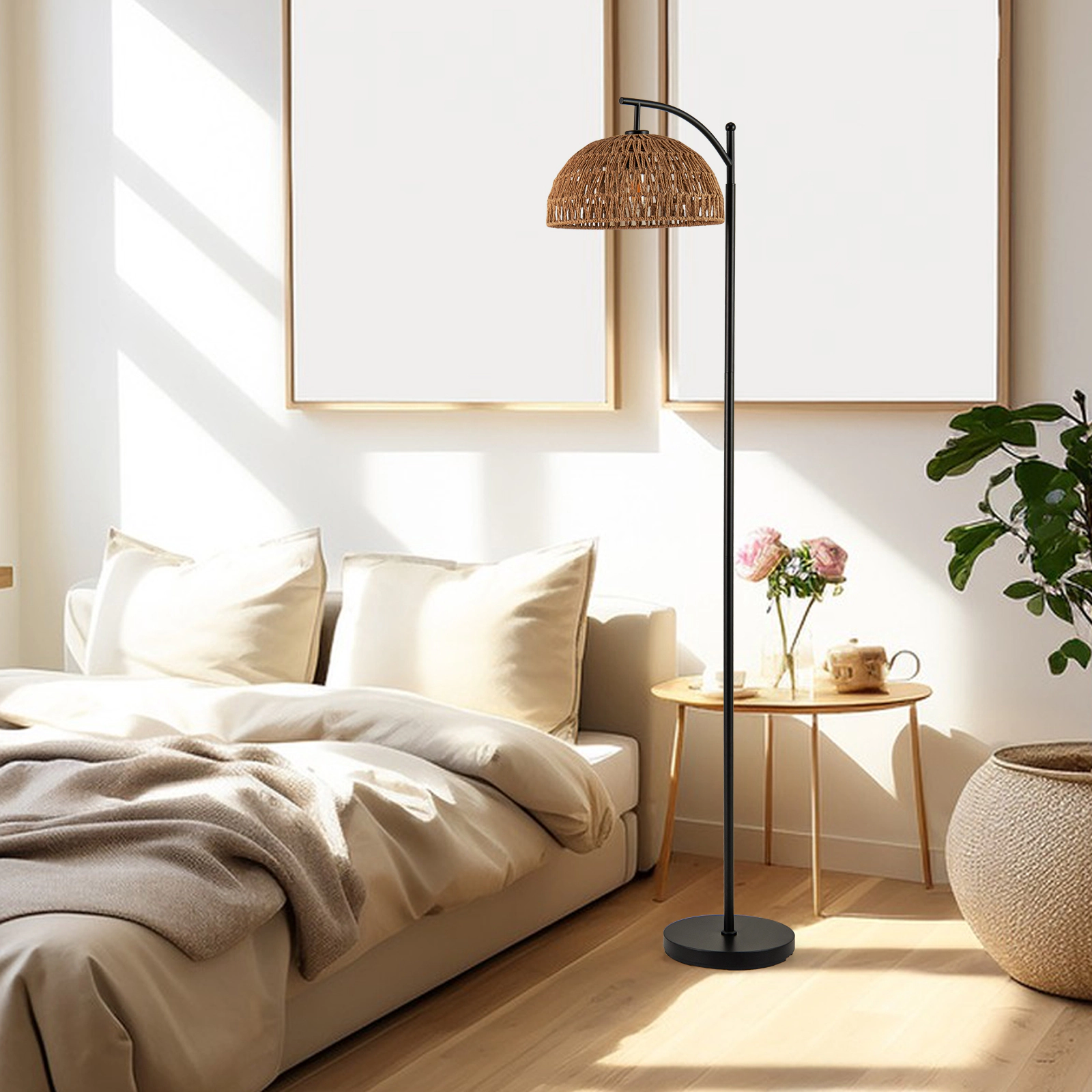 Slickblue Black Arc Floor Lamp 63in E26 Socket Paper Rope Shade Living Room Sofa Light