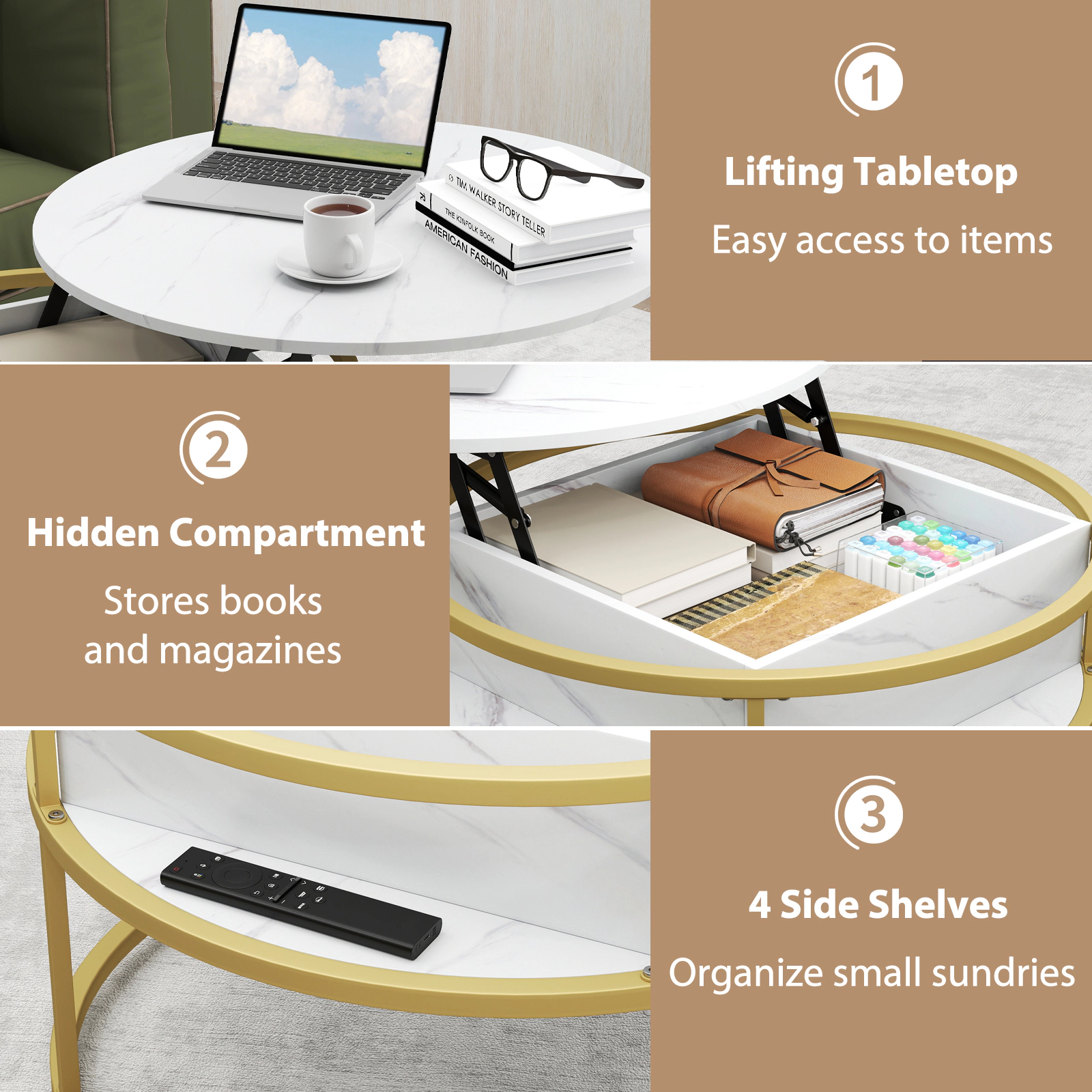 Glintex 31.5-Inch Round Lift-Top Coffee Table with 4 Side Shelves