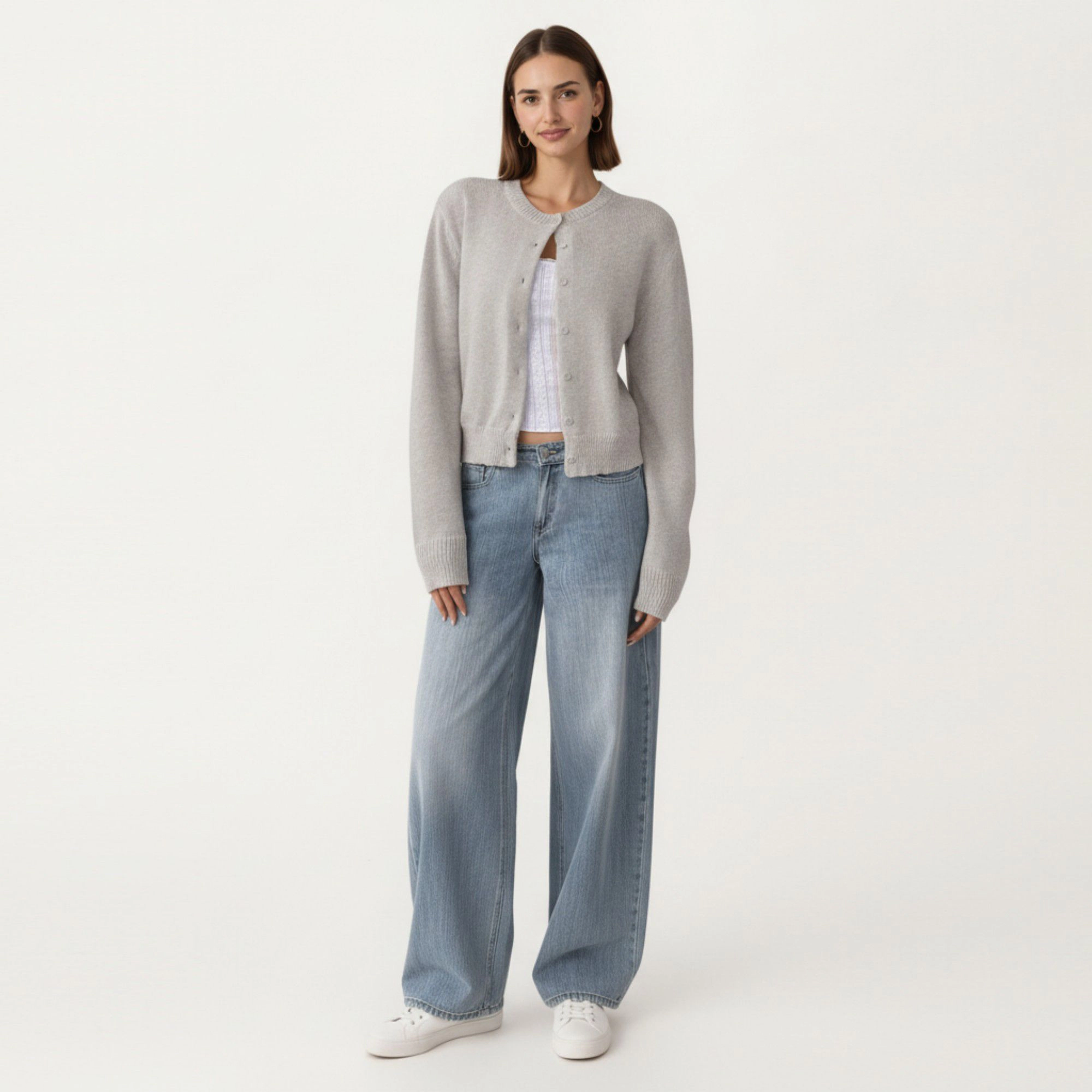 Anna-Kaci Women's Soft Knit Button Front Cropped Cardigan with Ribbed Trim Details and Relaxed Long Sleeves