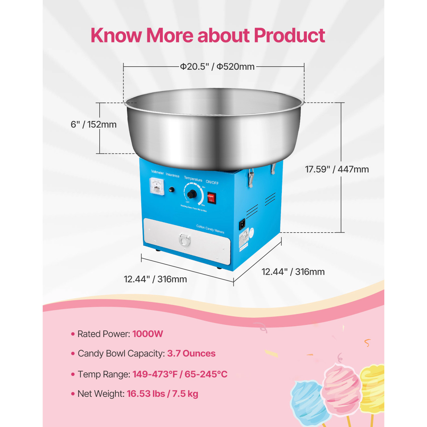 HONGGE Electric Cotton Candy Machine 1000W Floss Maker Commercial with Stainless Steel Bowl