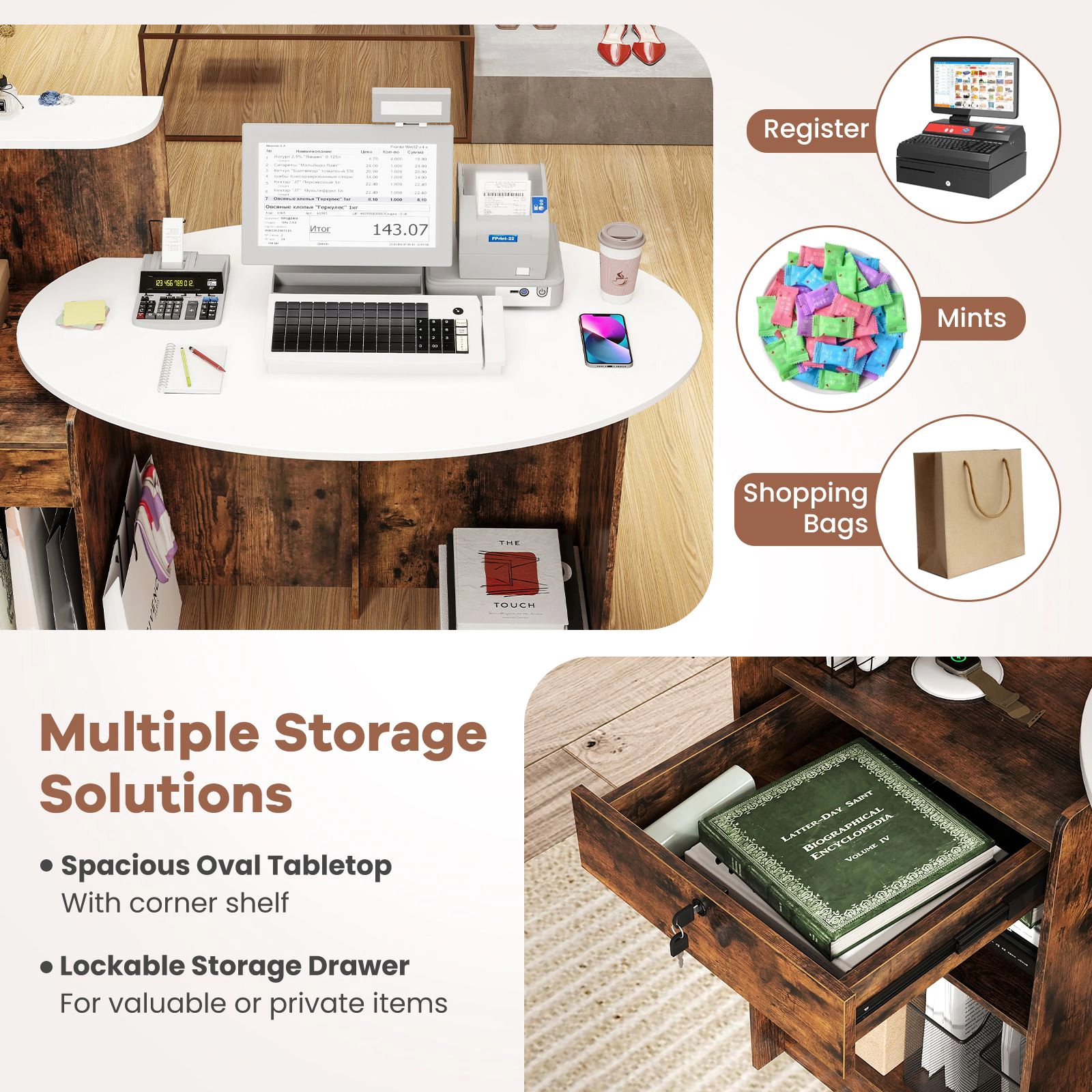 SlickBlue Office Reception Desk With Oval Tabletop Storage