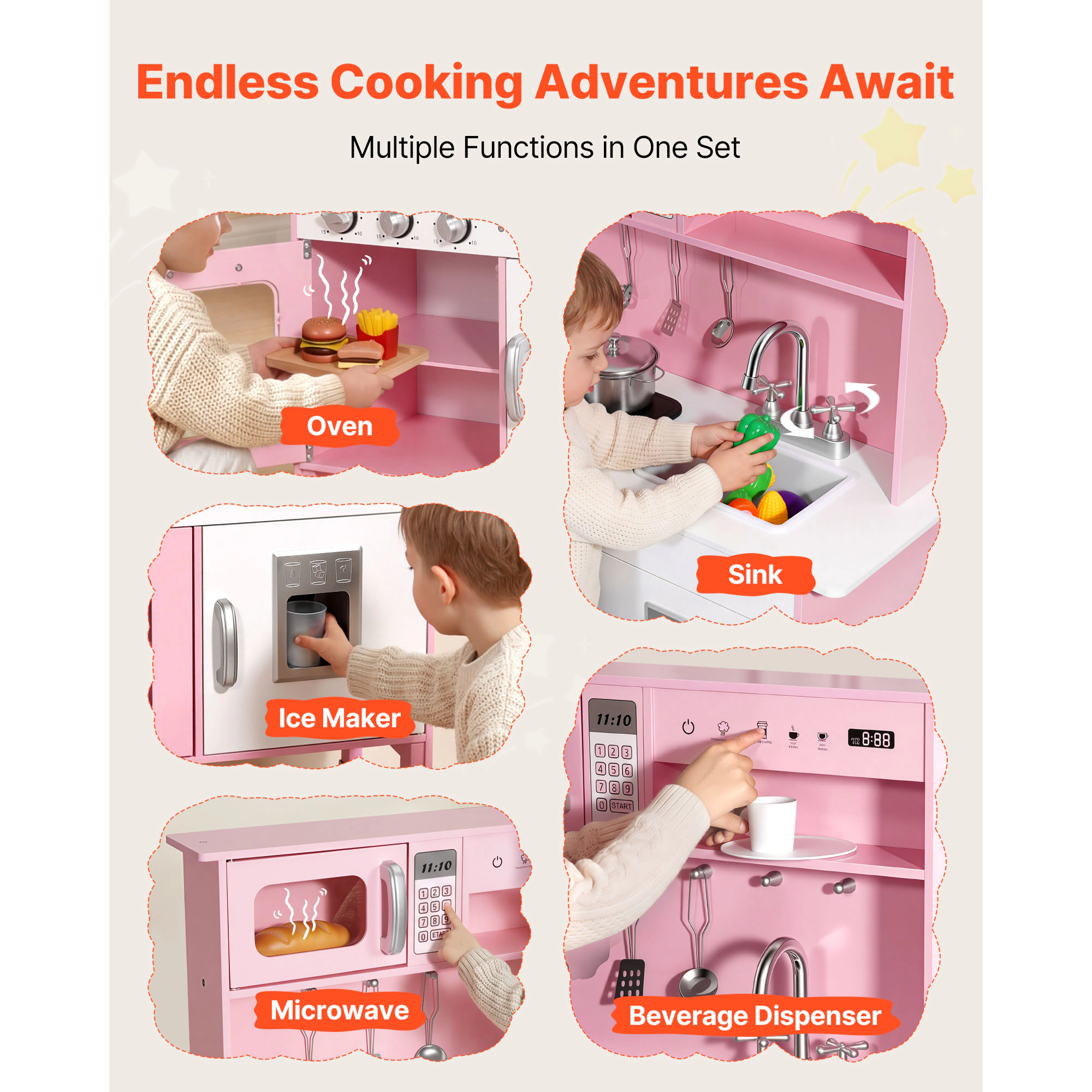 HONGGE Play Kitchen for Kids, Wooden, Kids Playset with Real Lights & Sounds, Food Cookware