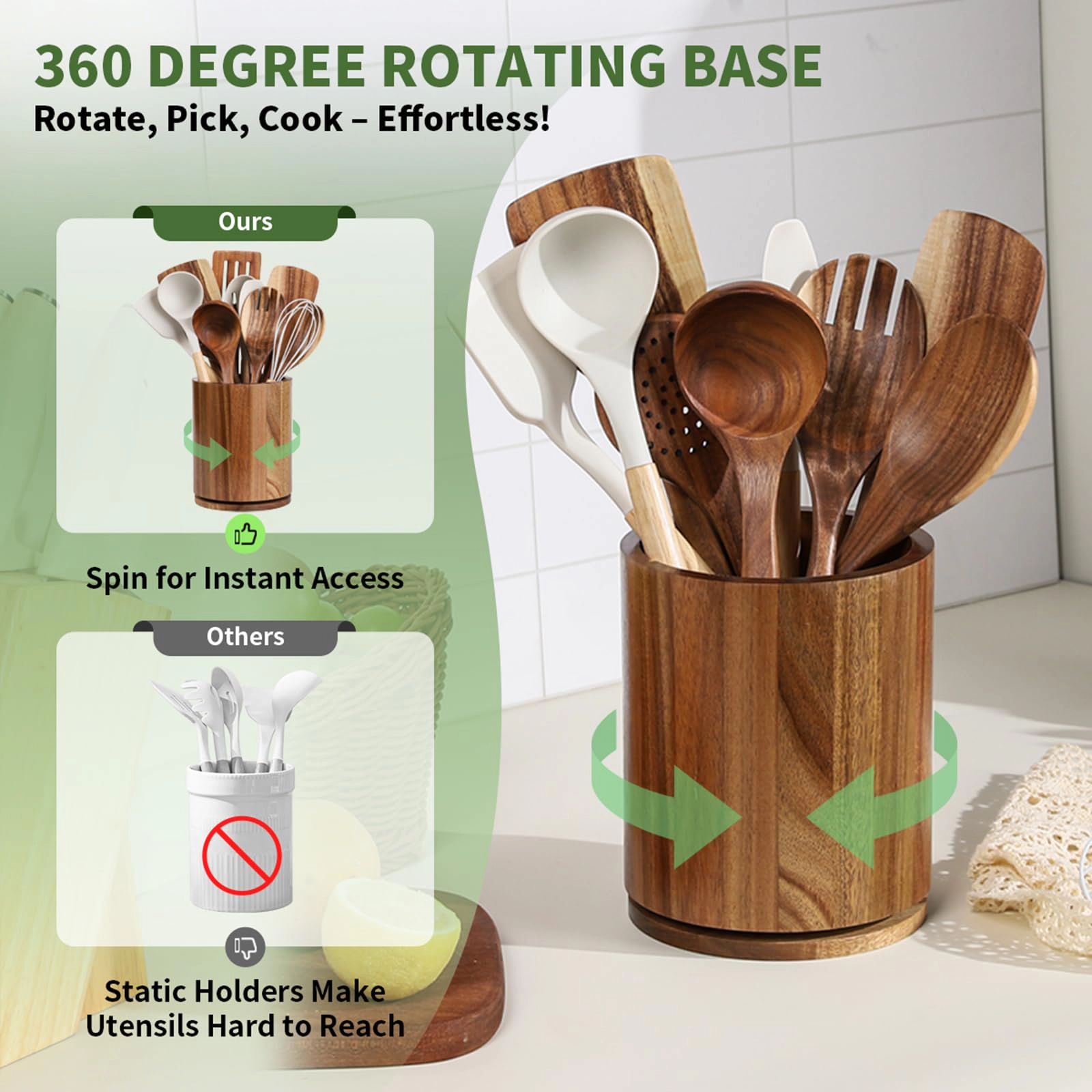 WZK Rustic Farmhouse Wood Rotating Kitchen Utensil Holder