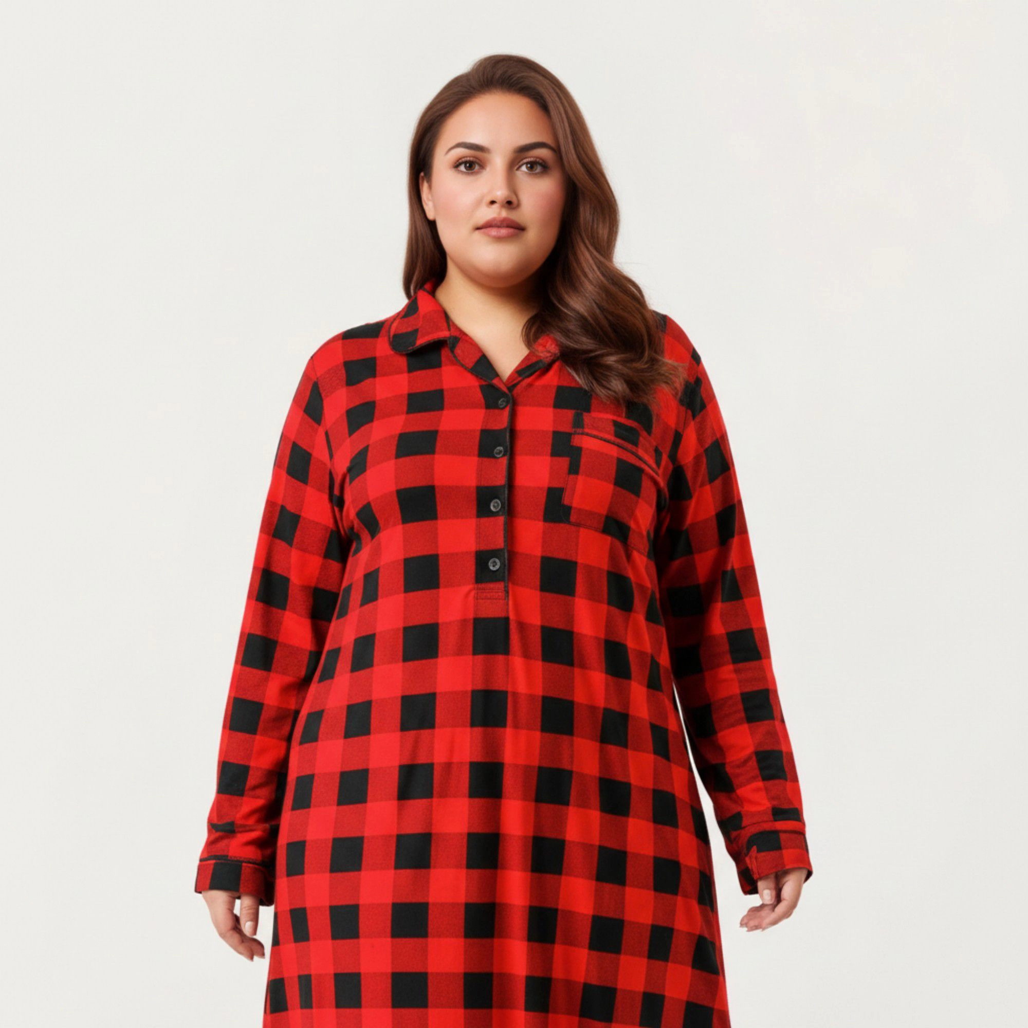 Anna-Kaci Women's Plaid Long Sleeve Midi Sleep Shirt Brushed Texture Button Front and Relaxed Loose-Fit Silhouette