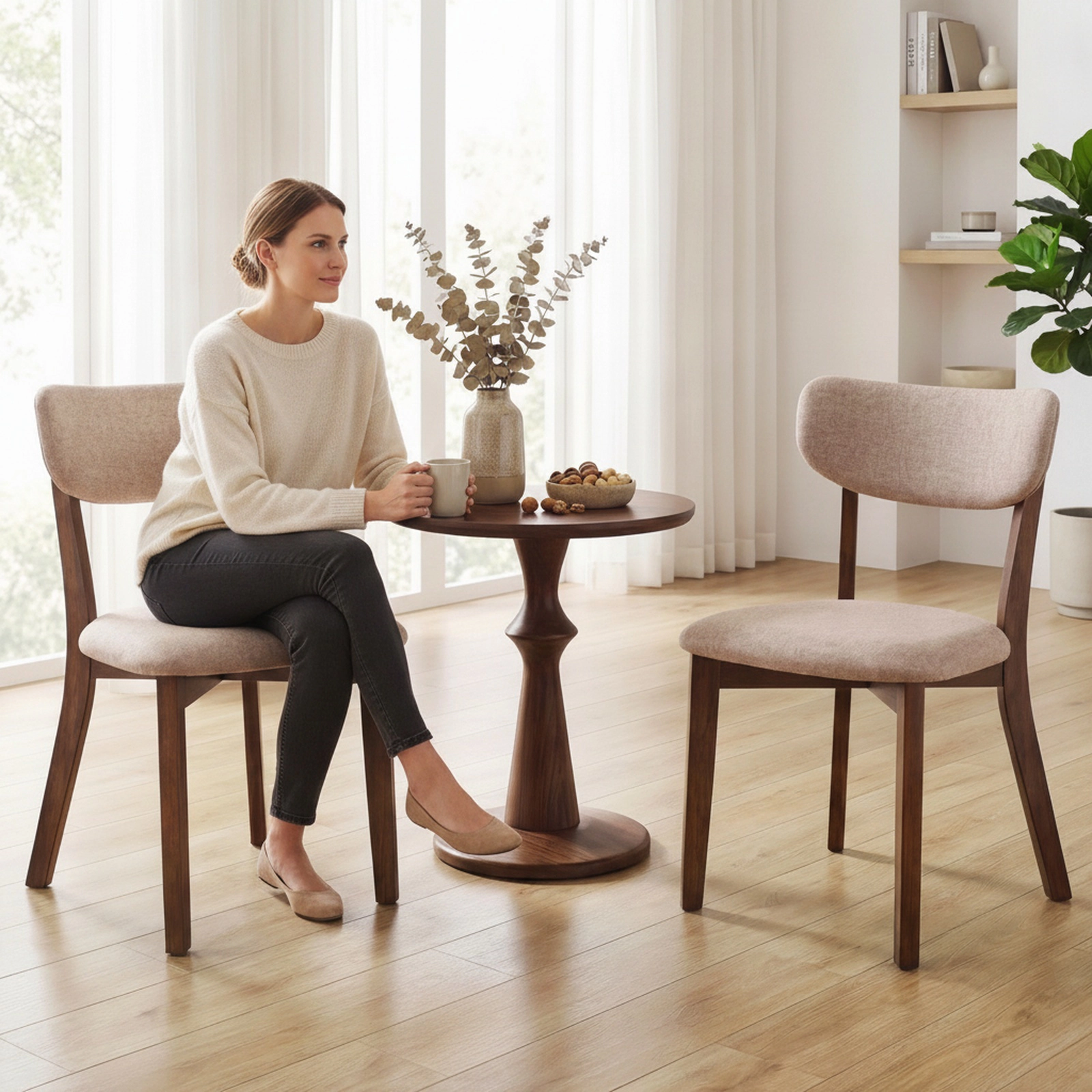 Set of 2 Beige Upholstered Mid-Back Dining Chairs, Walnut Rubber Wood, X-Brace, 290 lb