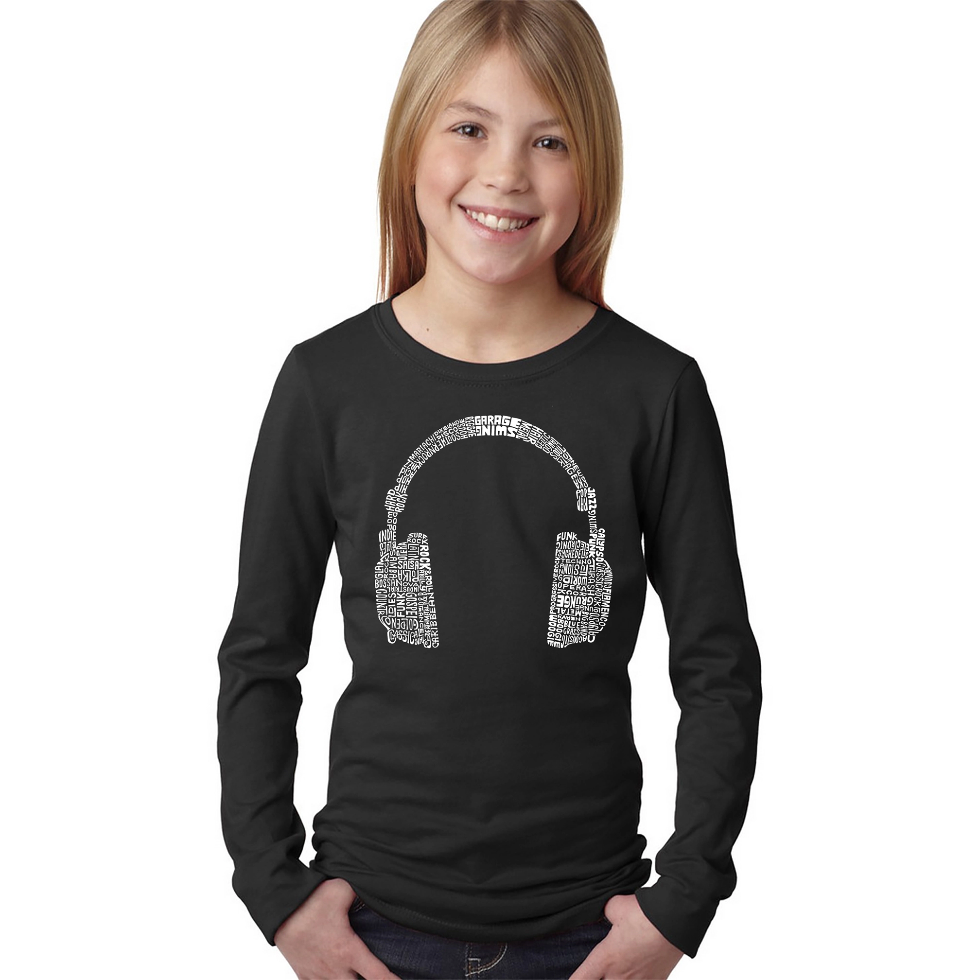 LA Pop Art Girls Long Sleeve Word T-Shirt - 63 DIFFERENT GENRES OF MUSIC