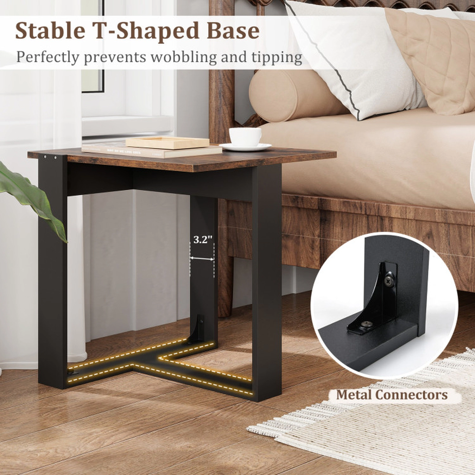SUGIFT Spacious Tabletop Industrial Sofa End Table with Metal Frame 110-lb Capacity Rustic Brown & Black