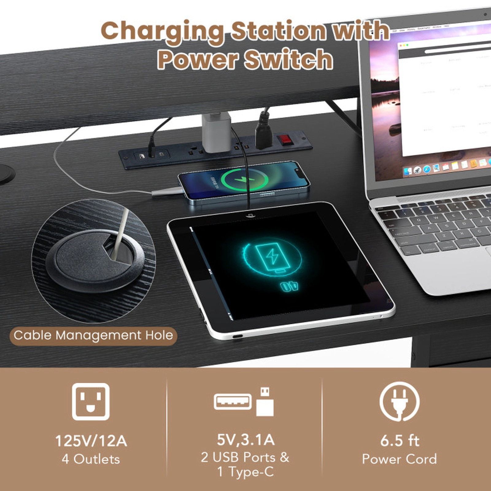 SUGIFT 200-lb Capacity Black L-Shaped Gaming Desk with RGB LED Lights Power Outlets and Storage Bag