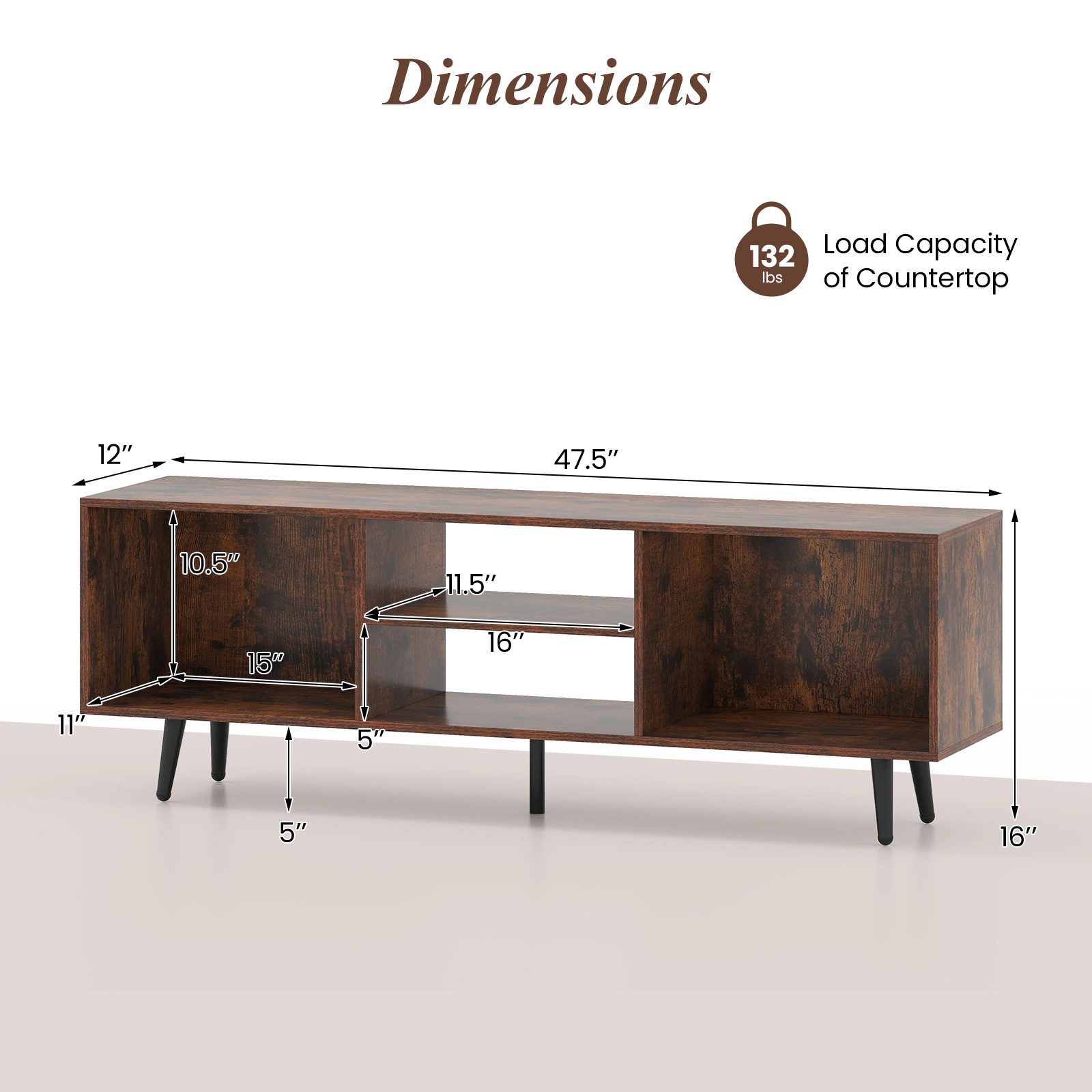 SUGIFT 47.5-in TV Stand for 55-Inch TV with Compartments and Metal Legs 132-lb Countertop Capacity Rustic Brown & Black