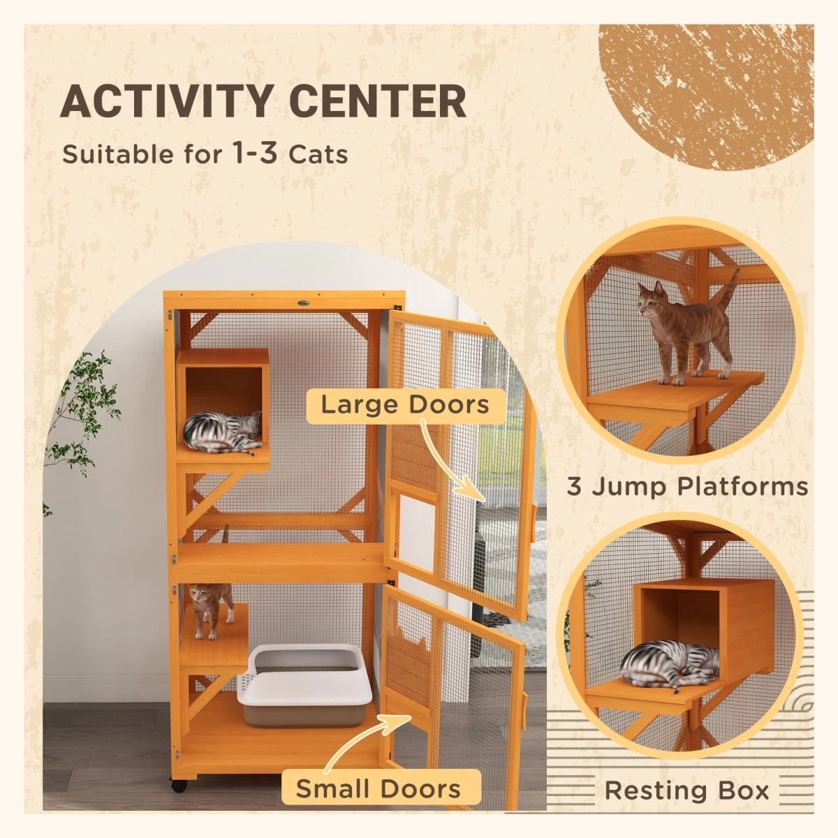 212 Main Paw Hut Wooden Cat House for 1-3 Cats Catio Enclosure on Wheels - Orange