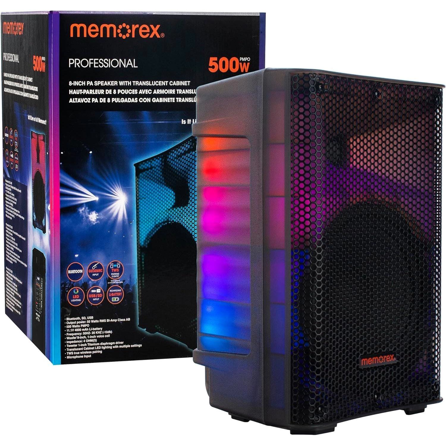 Memorex MX-PS801 50W Bluetooth Party Speaker - 8" Woofer, Titanium Tweeter, LED