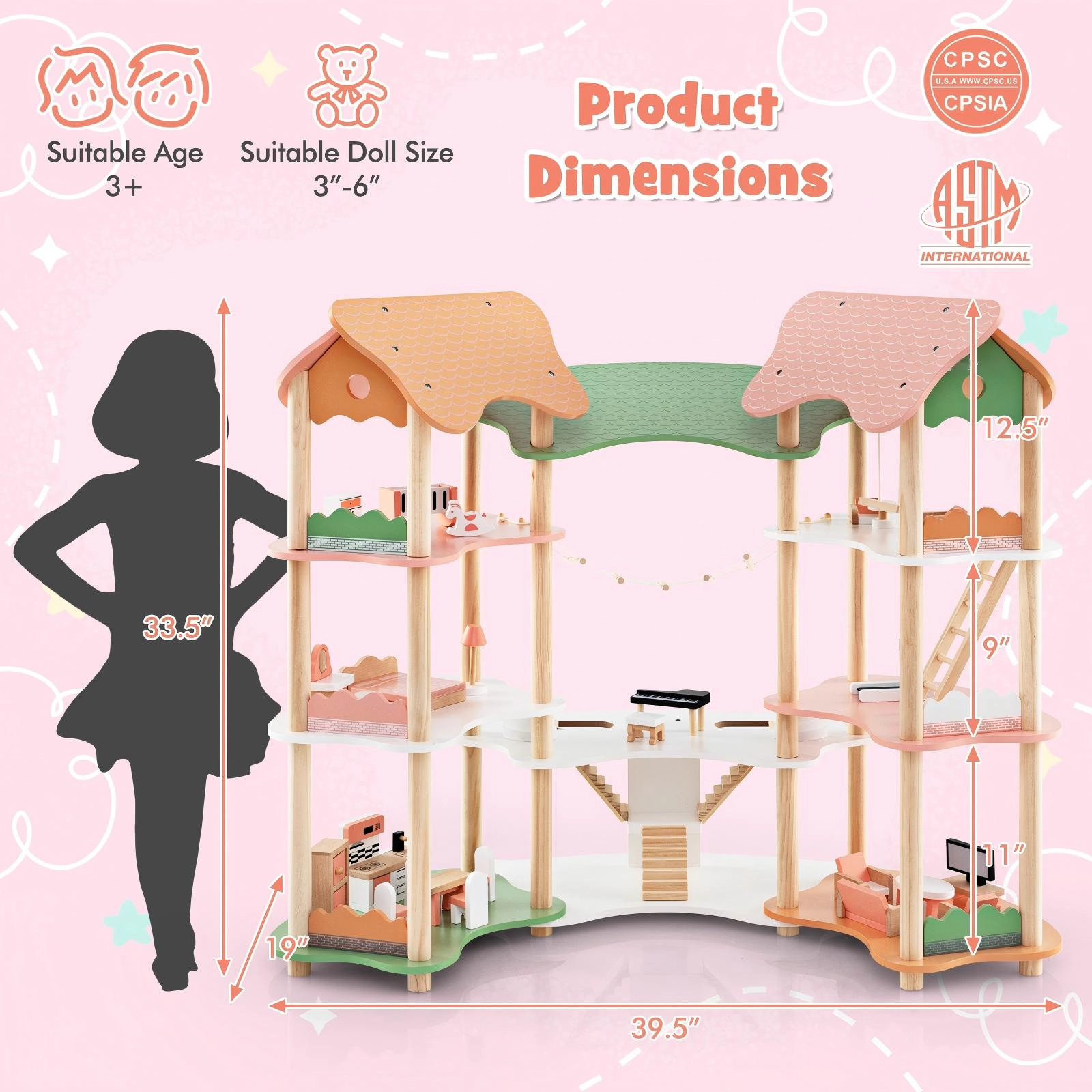 SUGIFT 3-Tier Wooden Dollhouse Playset with 31 Furniture Pieces for 3-6 in Dolls Ages 3-8 Pink+Green+Natural
