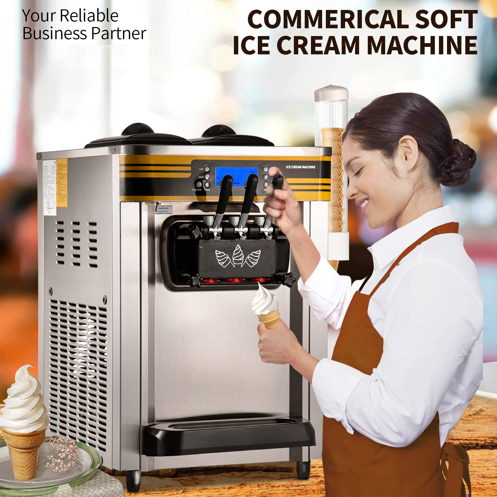 HONGGE Commercial Ice Cream Maker 22-30L /H Yield Countertop Soft Serve Machine with 2x6L Hopper 2L Cylinder LCD Panel