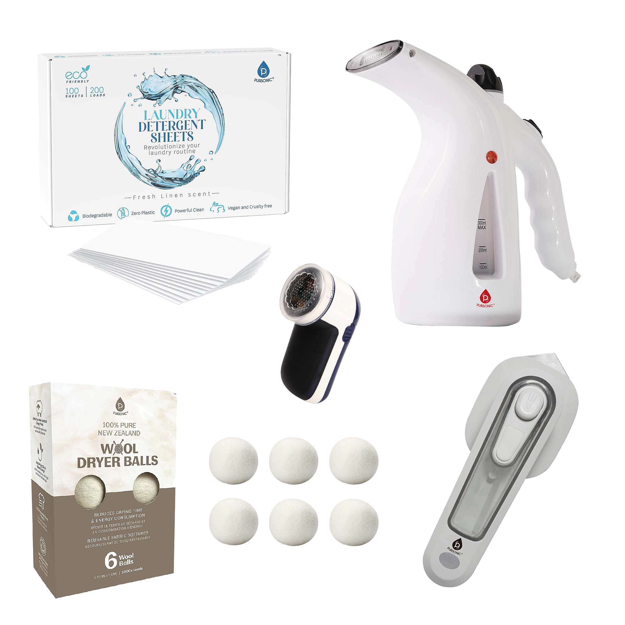 Pursonic Unisex Fabric Care & Laundry Essentials Travel Steamer, Mini Iron, Fabric Shaver Bundle