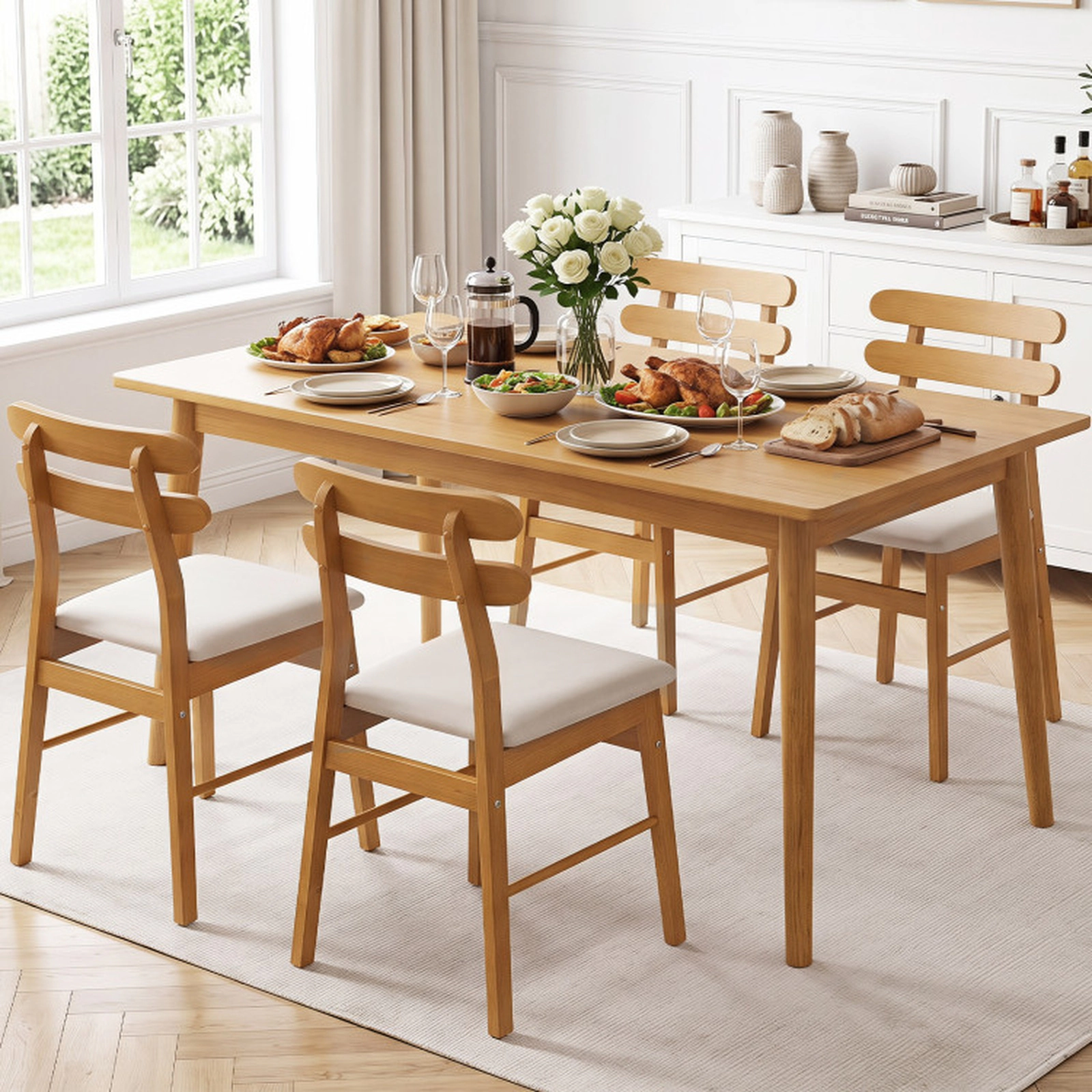 SUGIFT Set of 4 Beige Linen Upholstered Dining Chairs, Padded Seats, Natural Wood Legs