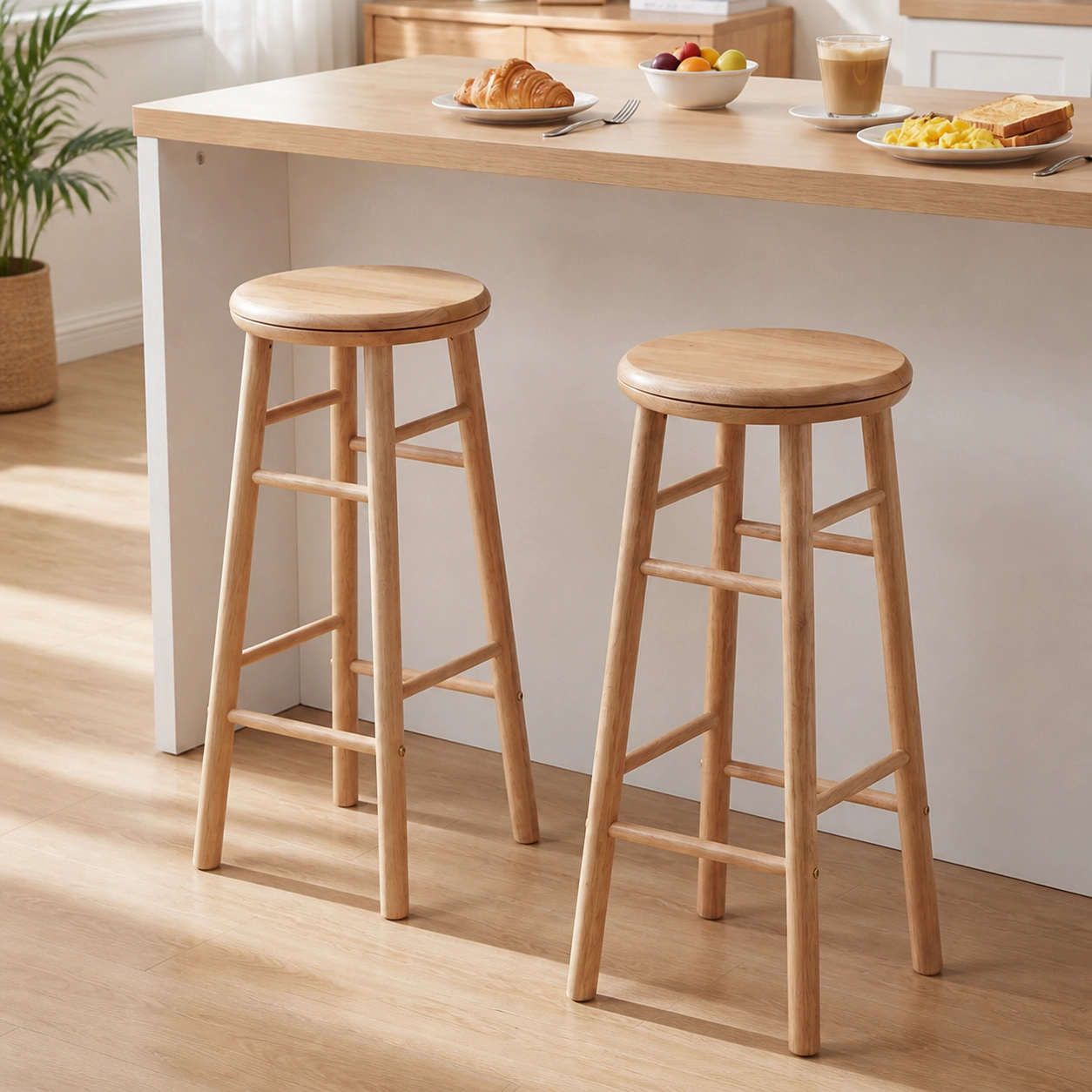 SUGIFT Set of 2 Natural Rubber Wood Swivel Counter-Height Bar Stools, 29-Inch Round Seats